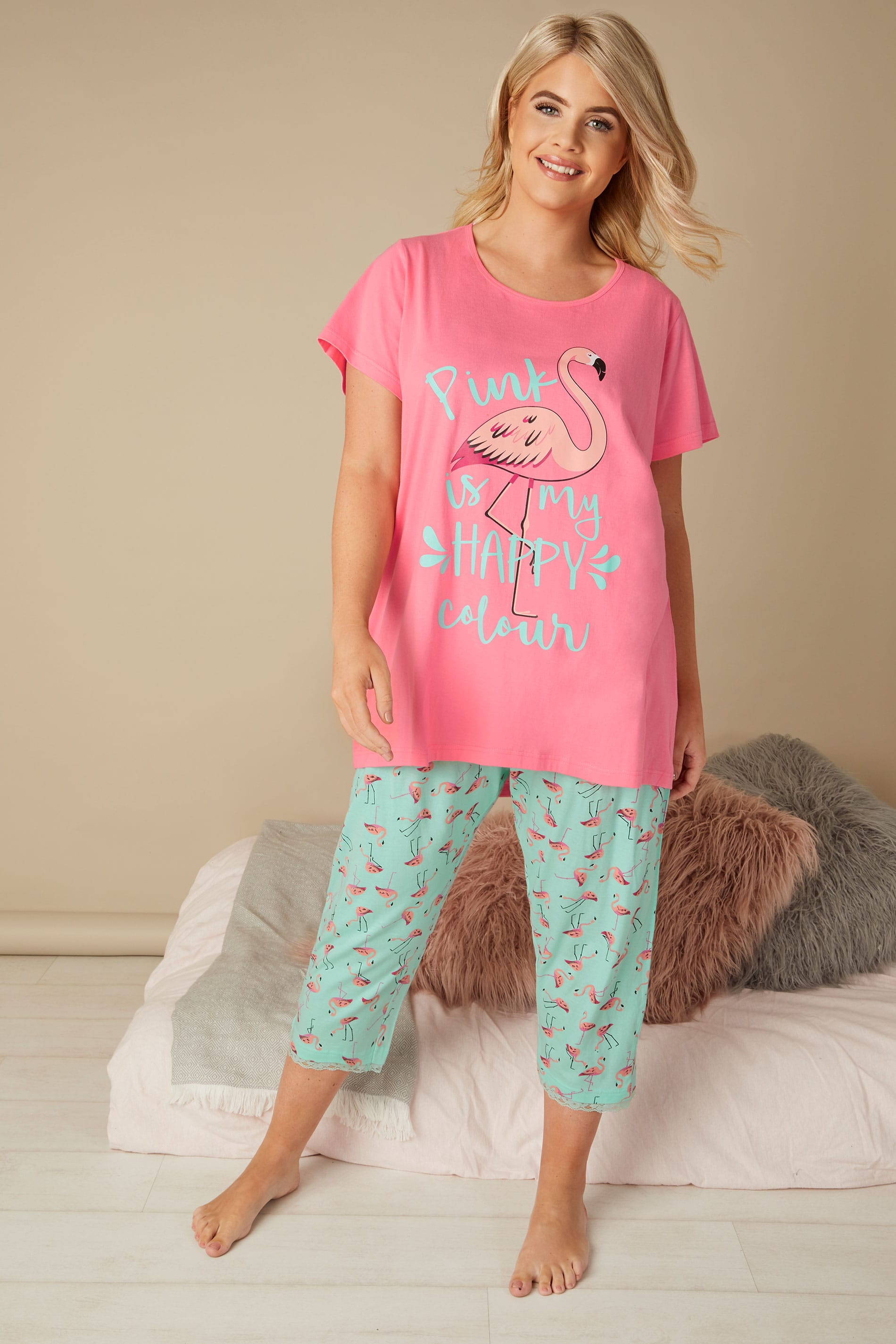 Pink And Turquoise Flamingo And Slogan Print Pyjama Set Plus Size 16 To 36
