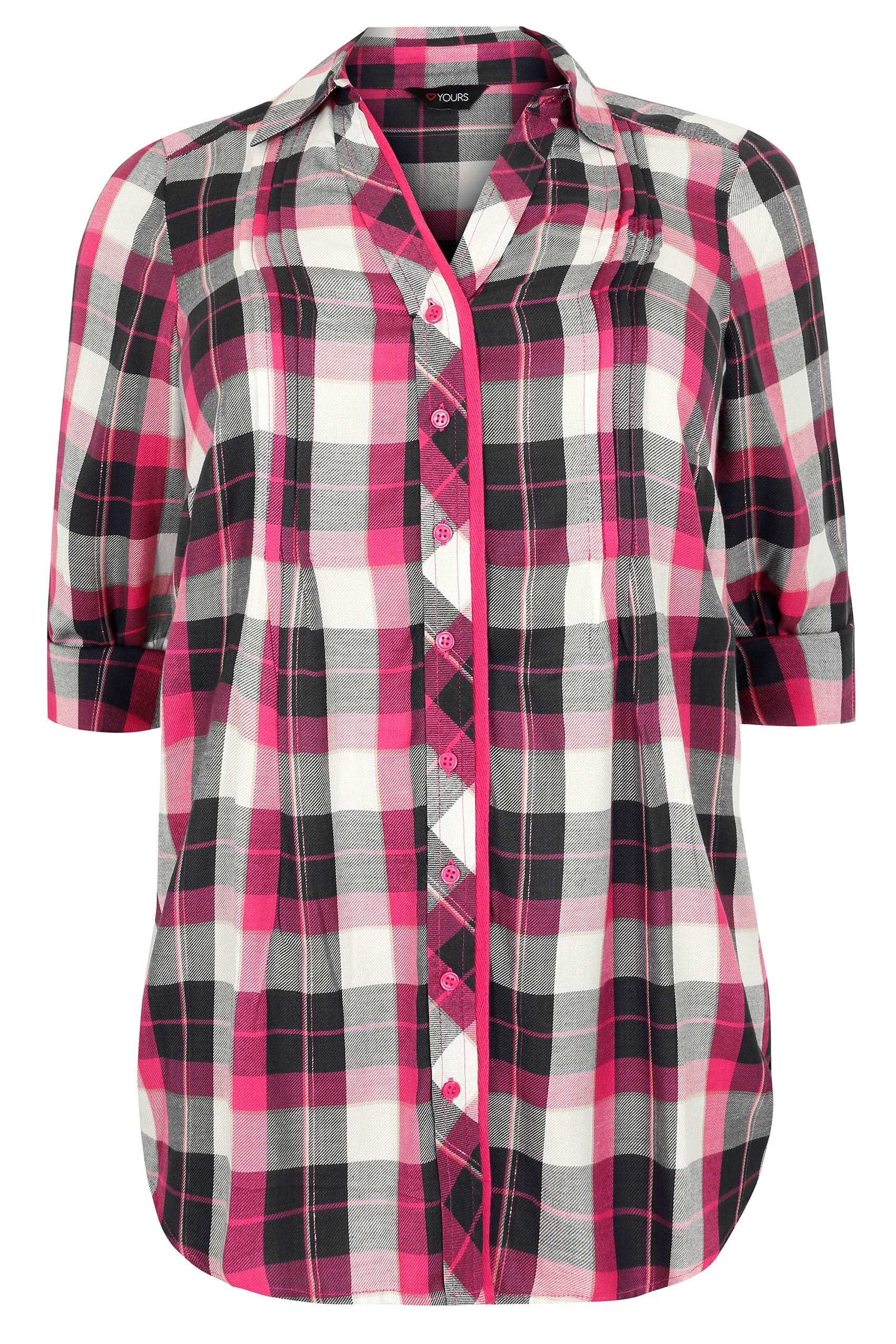 Pink, White & Black Checked Shirt With Pintuck Front & Metallic Thread ...