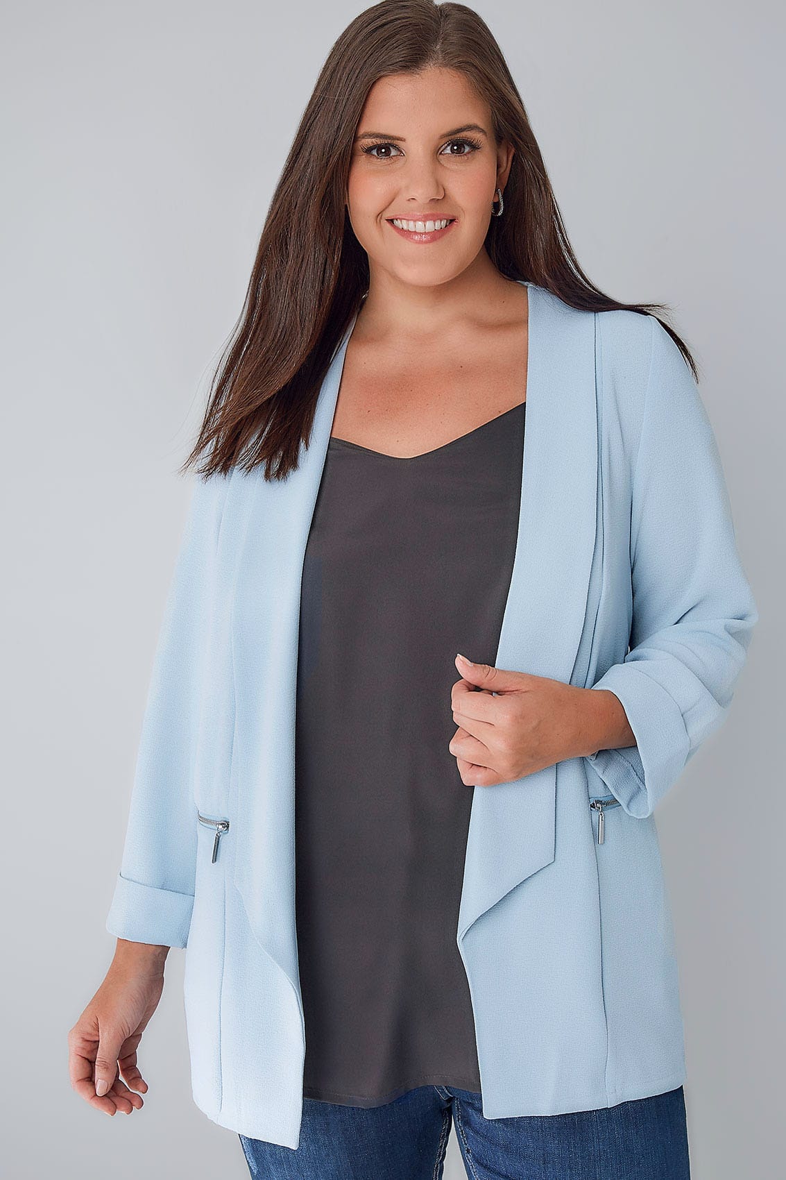 Powder Blue Bubble Crepe Jacket With Zip Pockets, Plus size 16 to 36