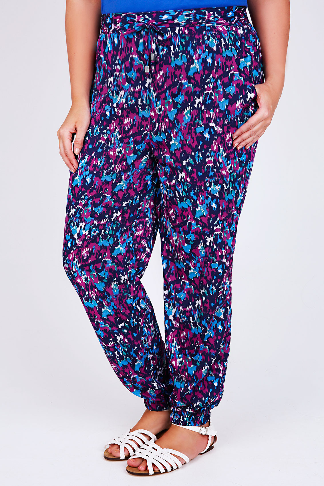 Purple & Blue Brush Stroke Print Harem Trousers With Pockets Plus size ...