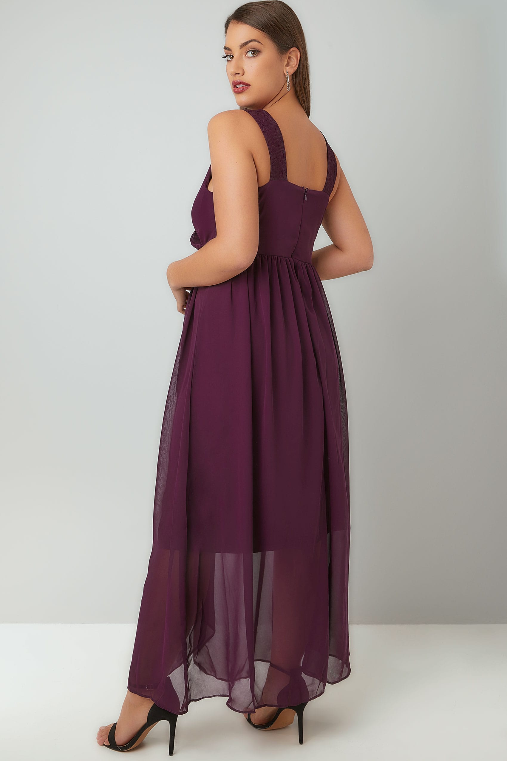 Purple Chiffon Maxi Dress With Wrap Front & Lace Details, Plus size 16 ...