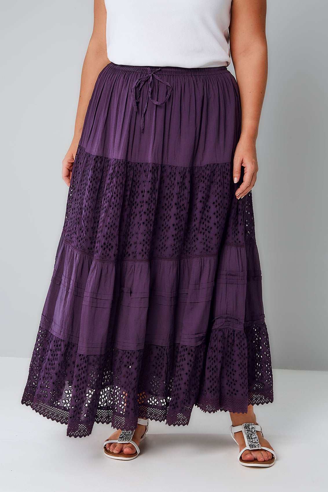 Purple Crinkle Cotton Tiered Maxi Skirt With Broderie Anglaise, Plus ...