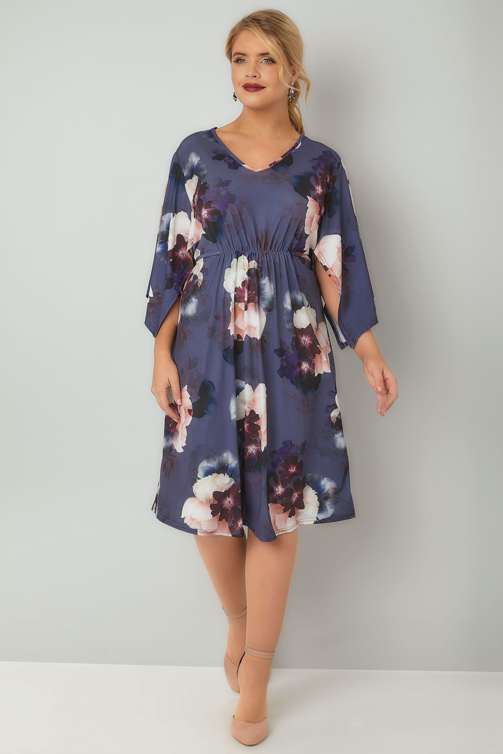 Purple Floral Print Ruched Waist Midi Dress With Wide Split Sleeves ...