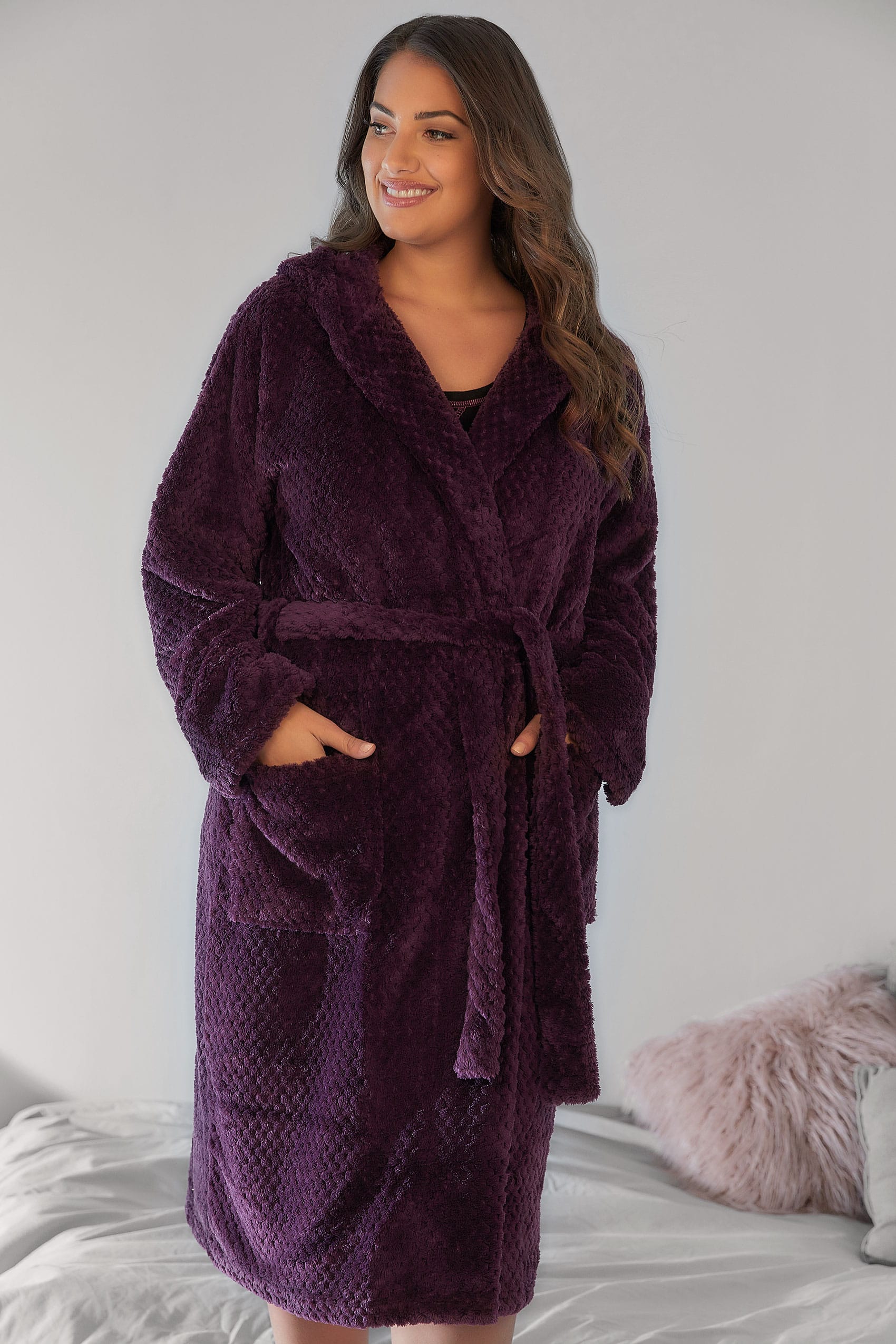 Purple Hooded Textured Fleece Dressing Gown With Pockets Plus size 16 to 36