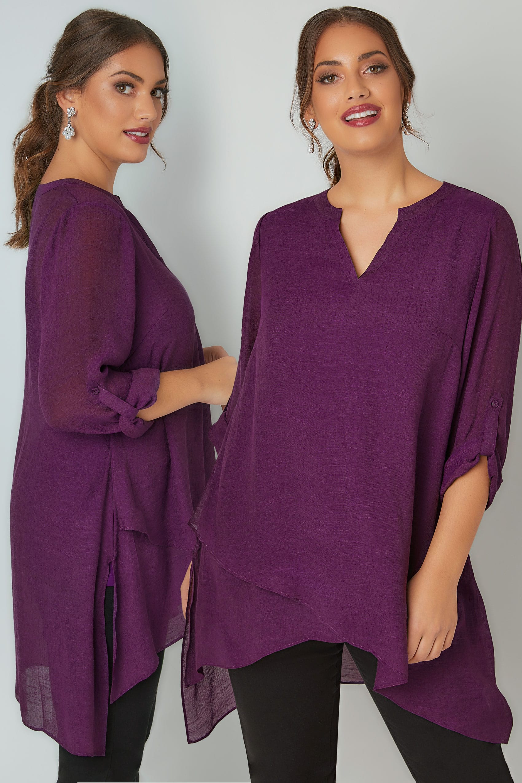 Purple Layered Blouse With Notch Neck & Dipped Hem, Plus size 16 to 36