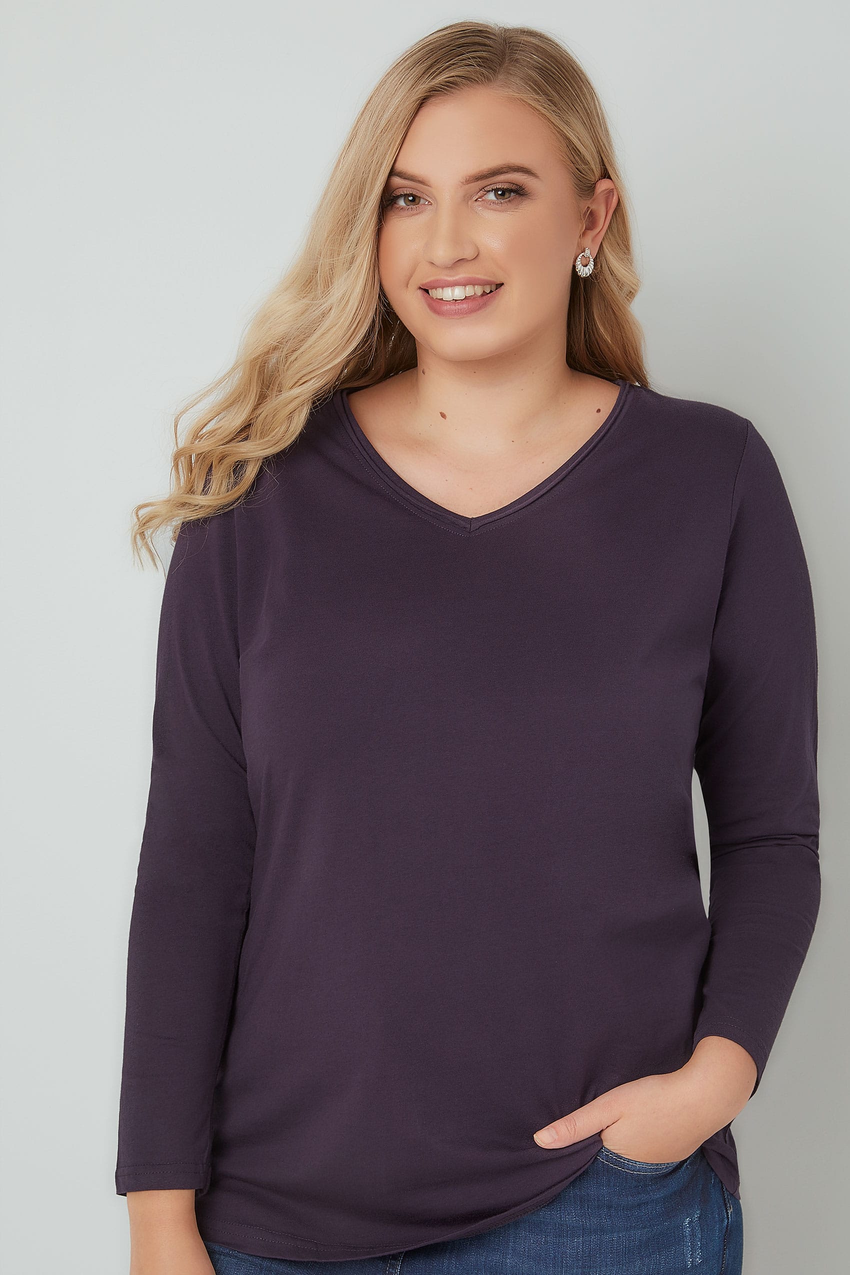 Purple Long Sleeved VNeck Jersey Top, Plus size 16 to 36