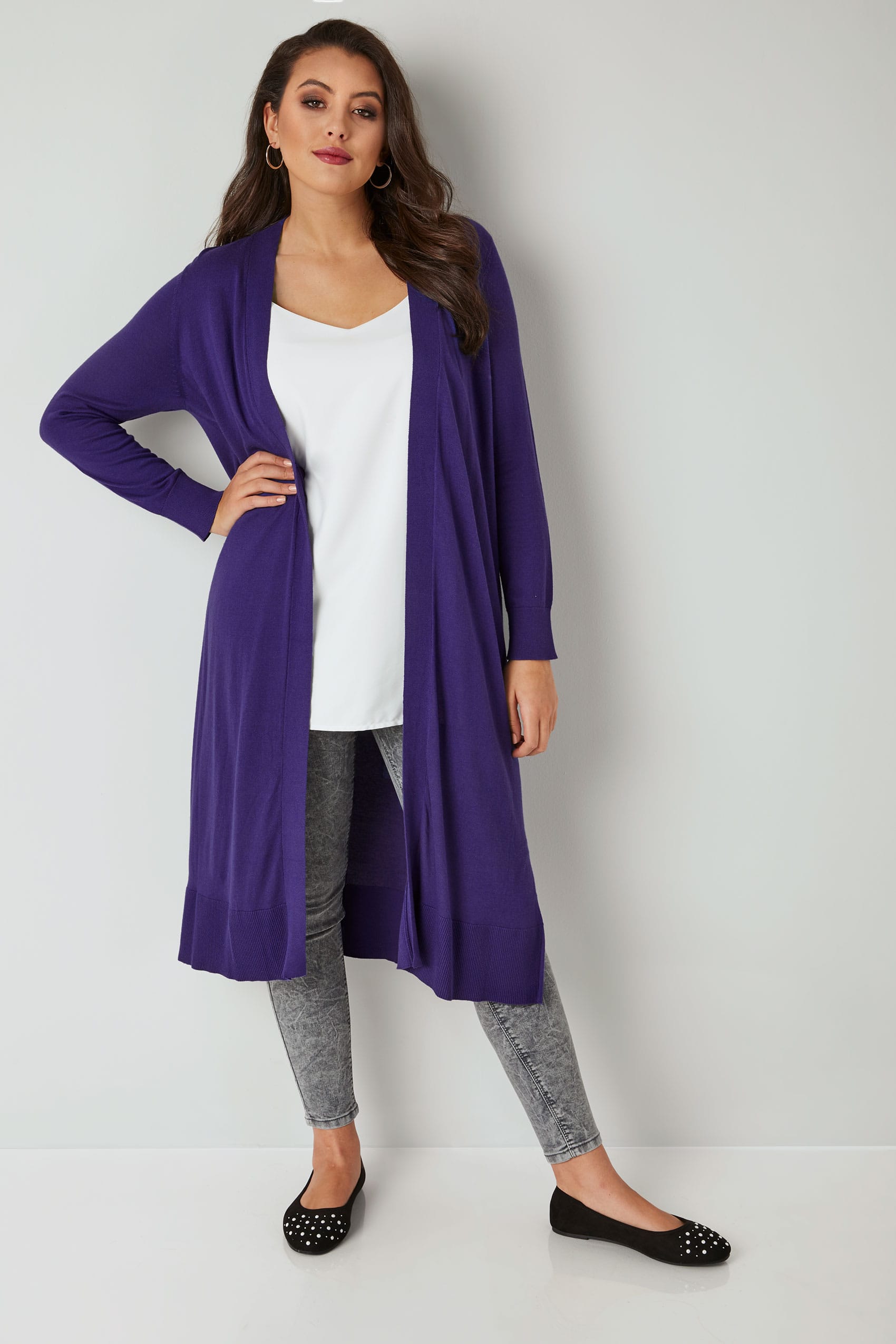 Purple Longline Cardigan With Side Splits, plus size 16 to 36