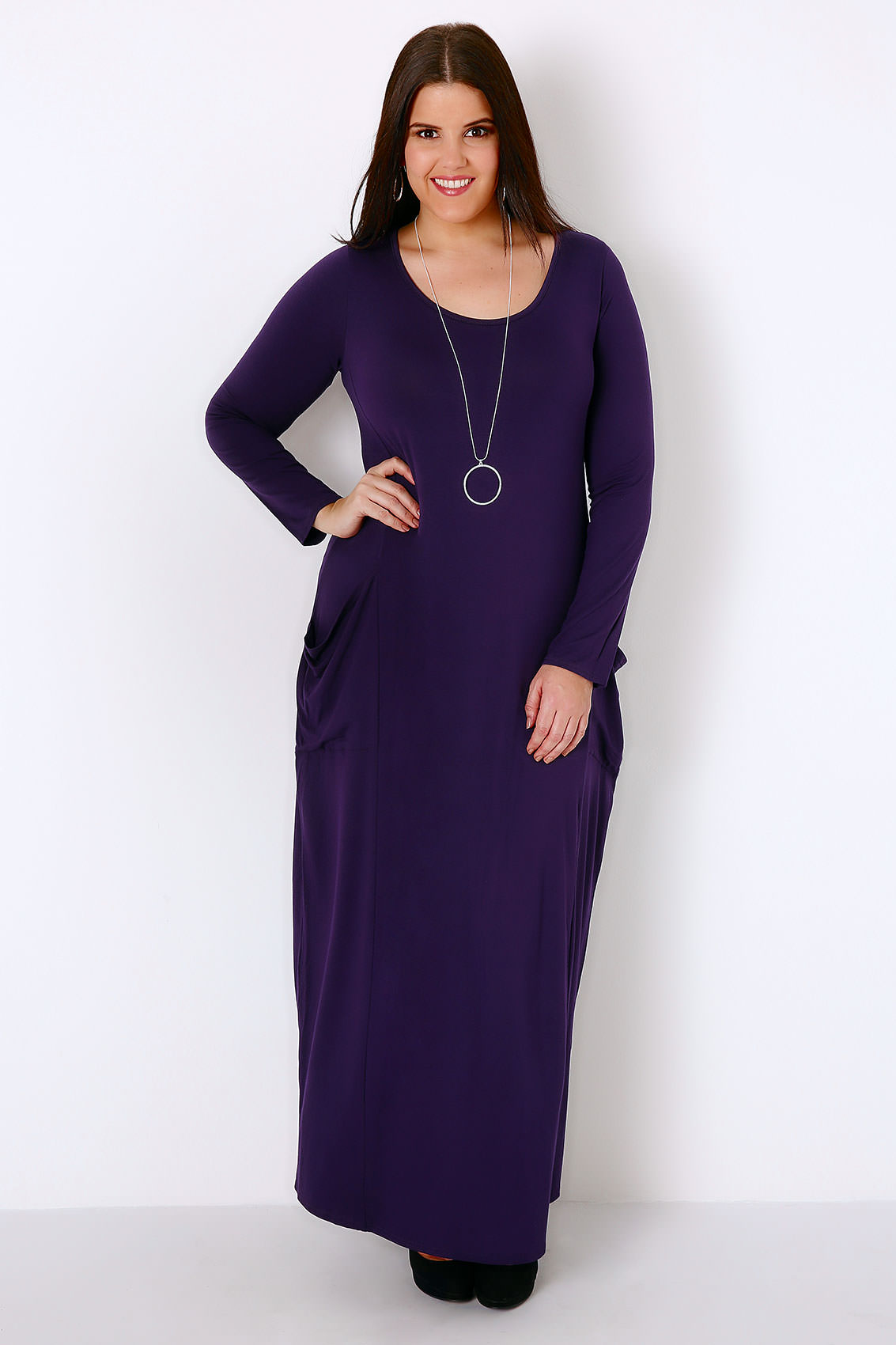 Purple Maxi Dress With Long Sleeves & Drop Pockets, Plus size 16 to 32