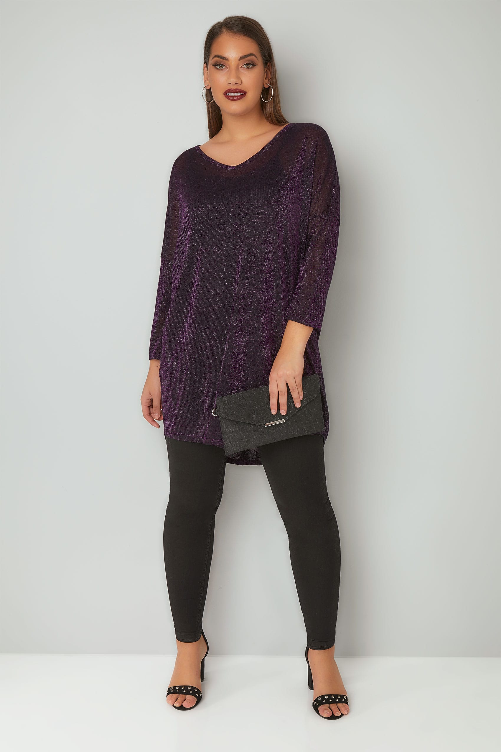 Purple Metallic Longline Fine Knit Top With Cross-Over Straps & Dipped ...