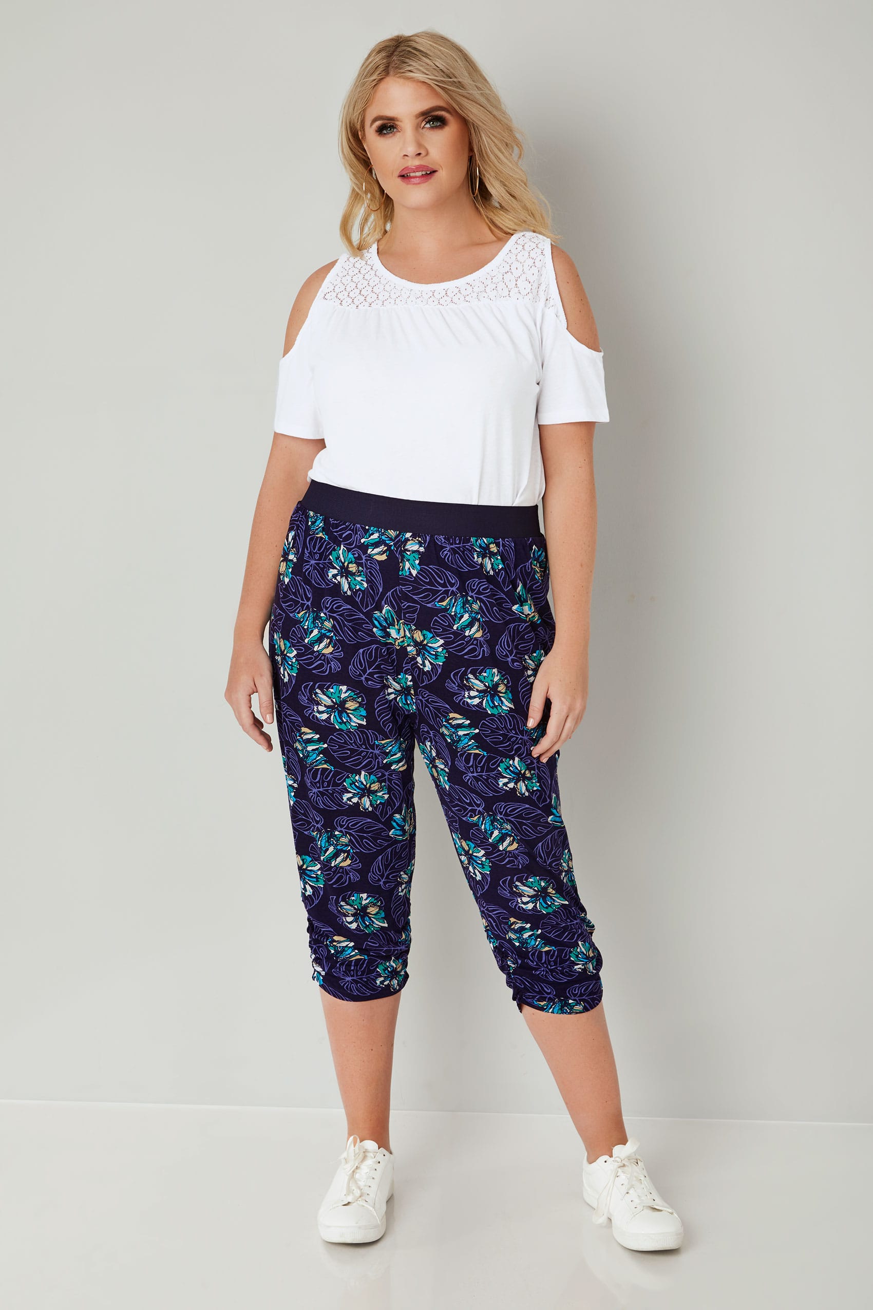 Purple & Multi Floral Cropped Harem Trousers, Plus size 16 to 36