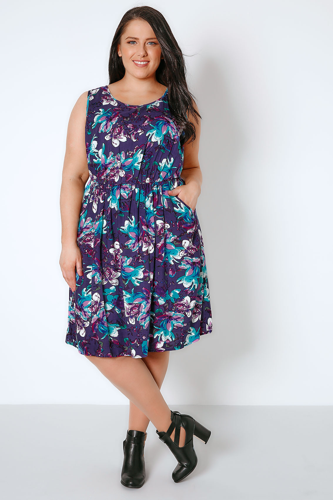 Purple & Blue Floral Pocket Dress With Elasticated Waistband, Plus size ...