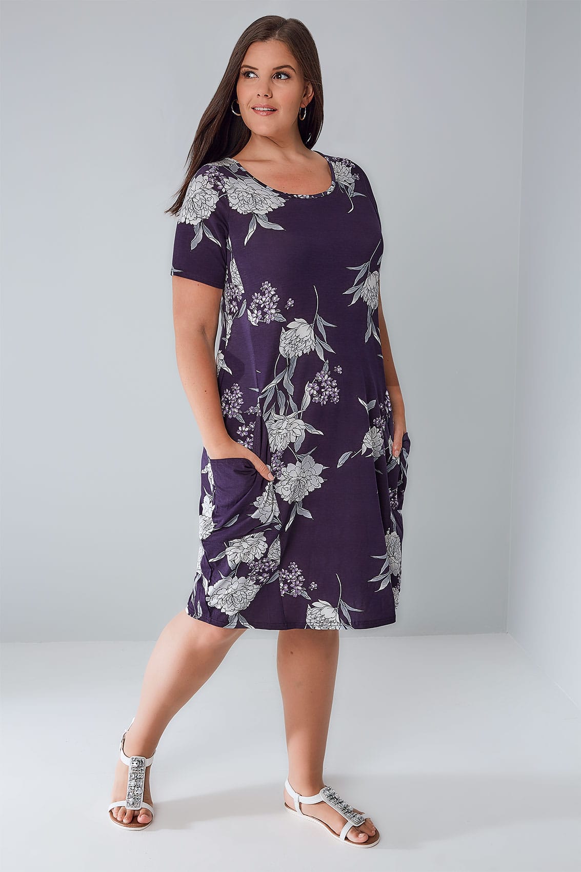 Purple & Multi Peony Floral Pattern Dress With Drape Pockets, Size 16 to 36