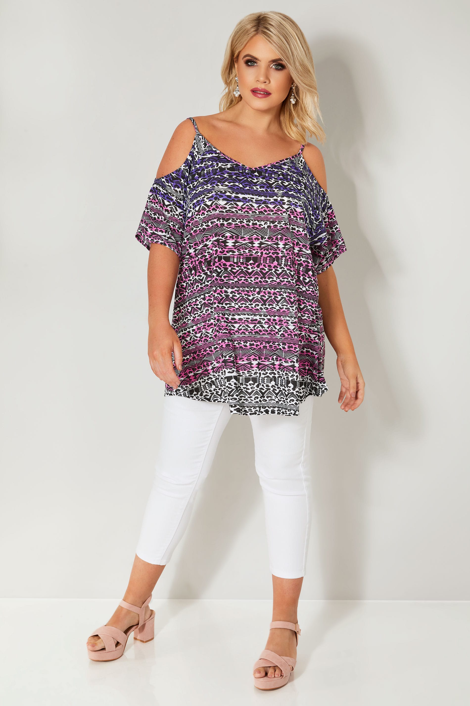 Purple & Pink Printed Cold Shoulder Top, plus size 16 to 36