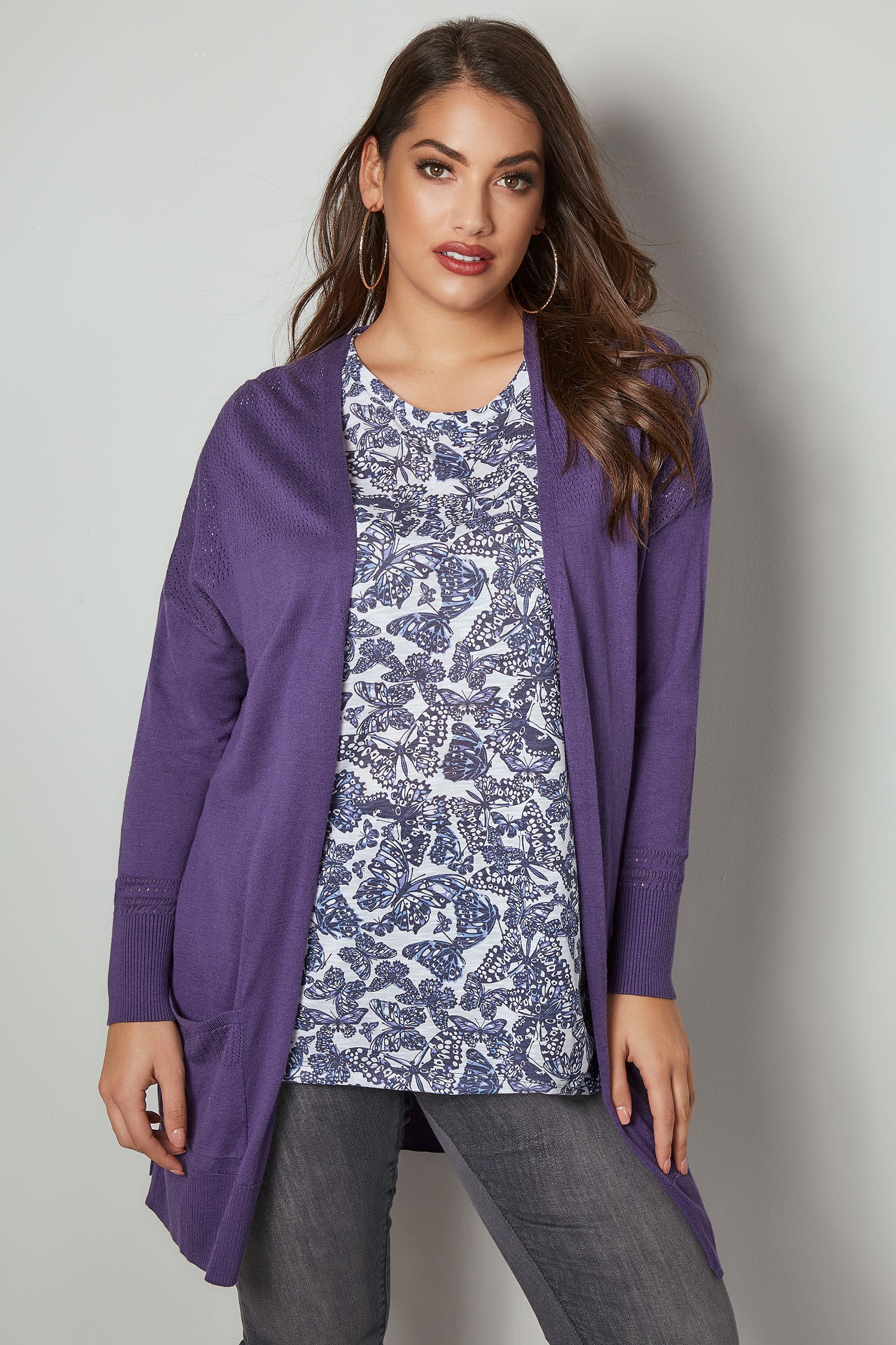 Purple Pointelle Longline Cardigan With Pockets, plus size 16 to 36