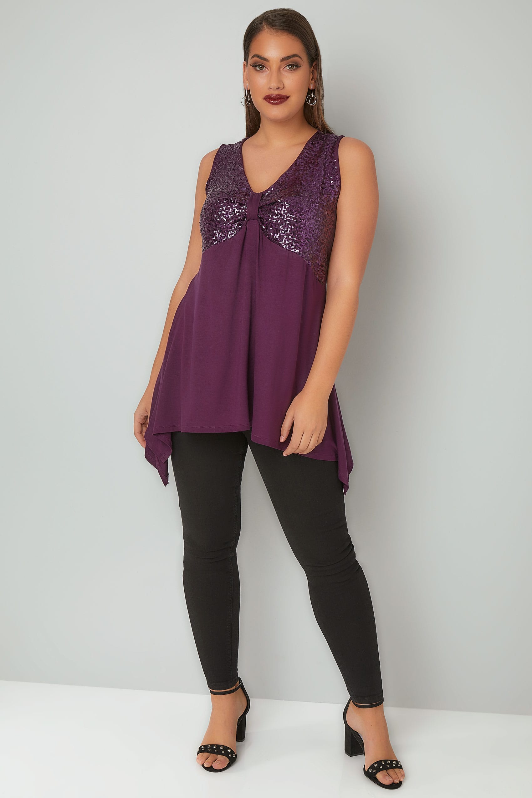 Purple Sequined Top With Hanky Hem, Plus size 16 to 36