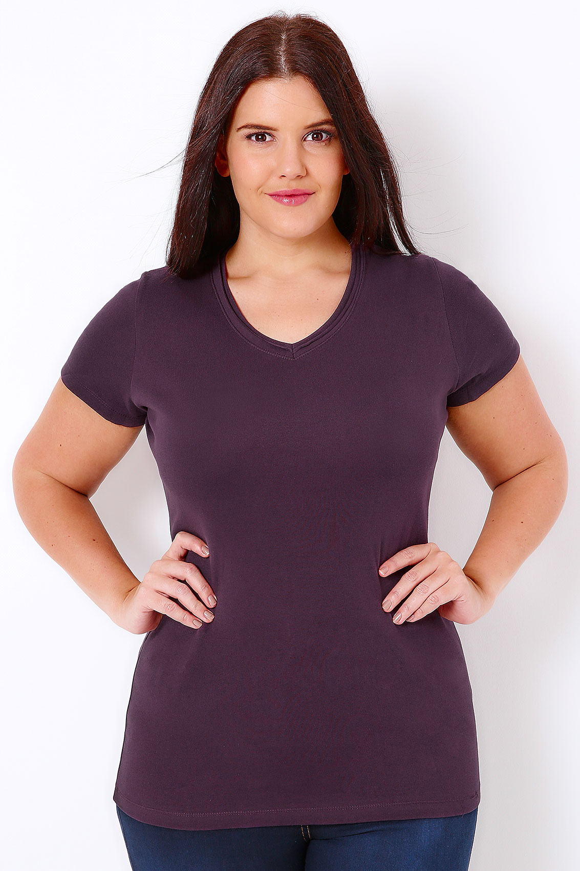 Purple Short Sleeved V Neck Basic T Shirt Plus Size 16 To 36
