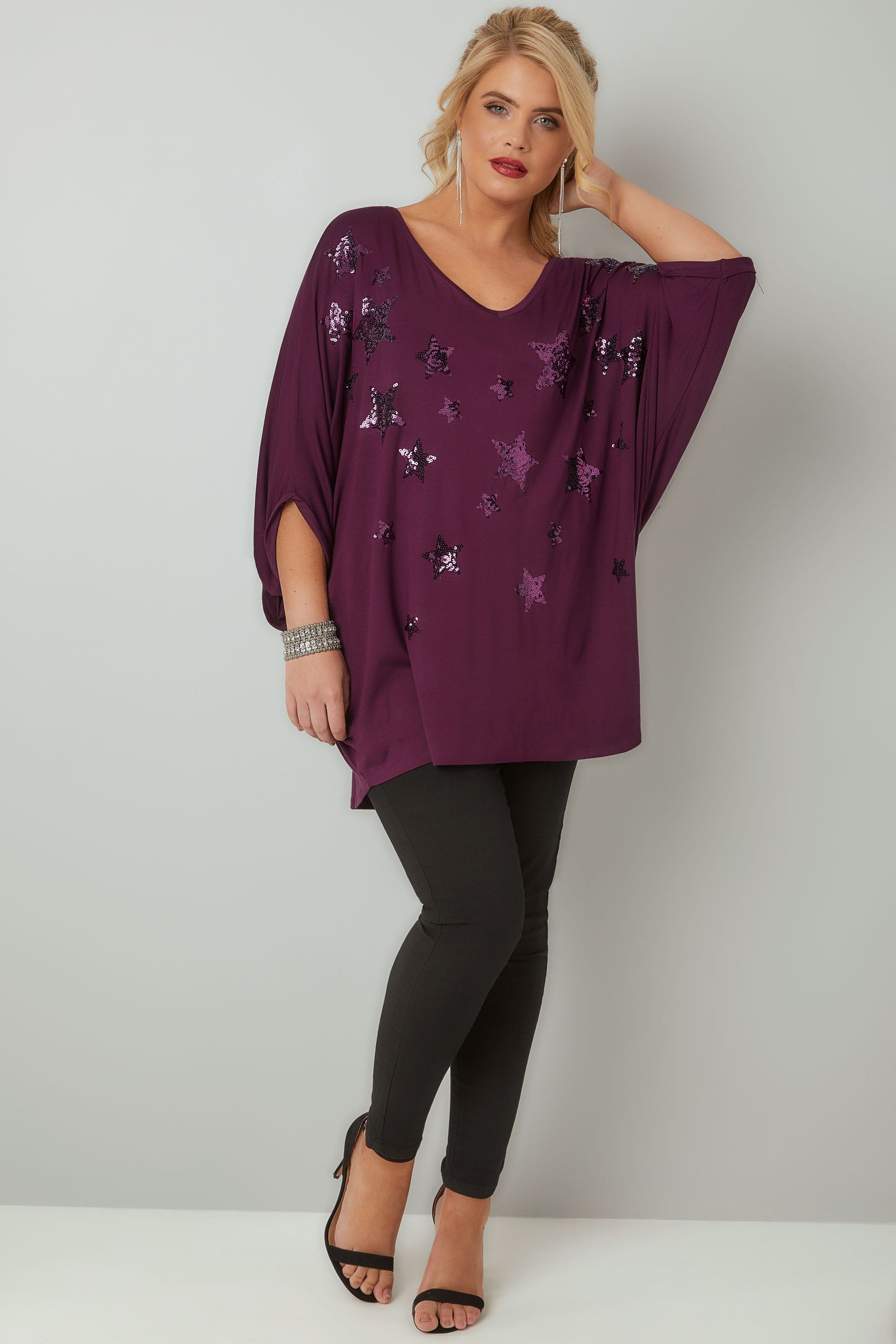 Purple Star Sequin Embellished Oversized Jersey Top With Batwing ...