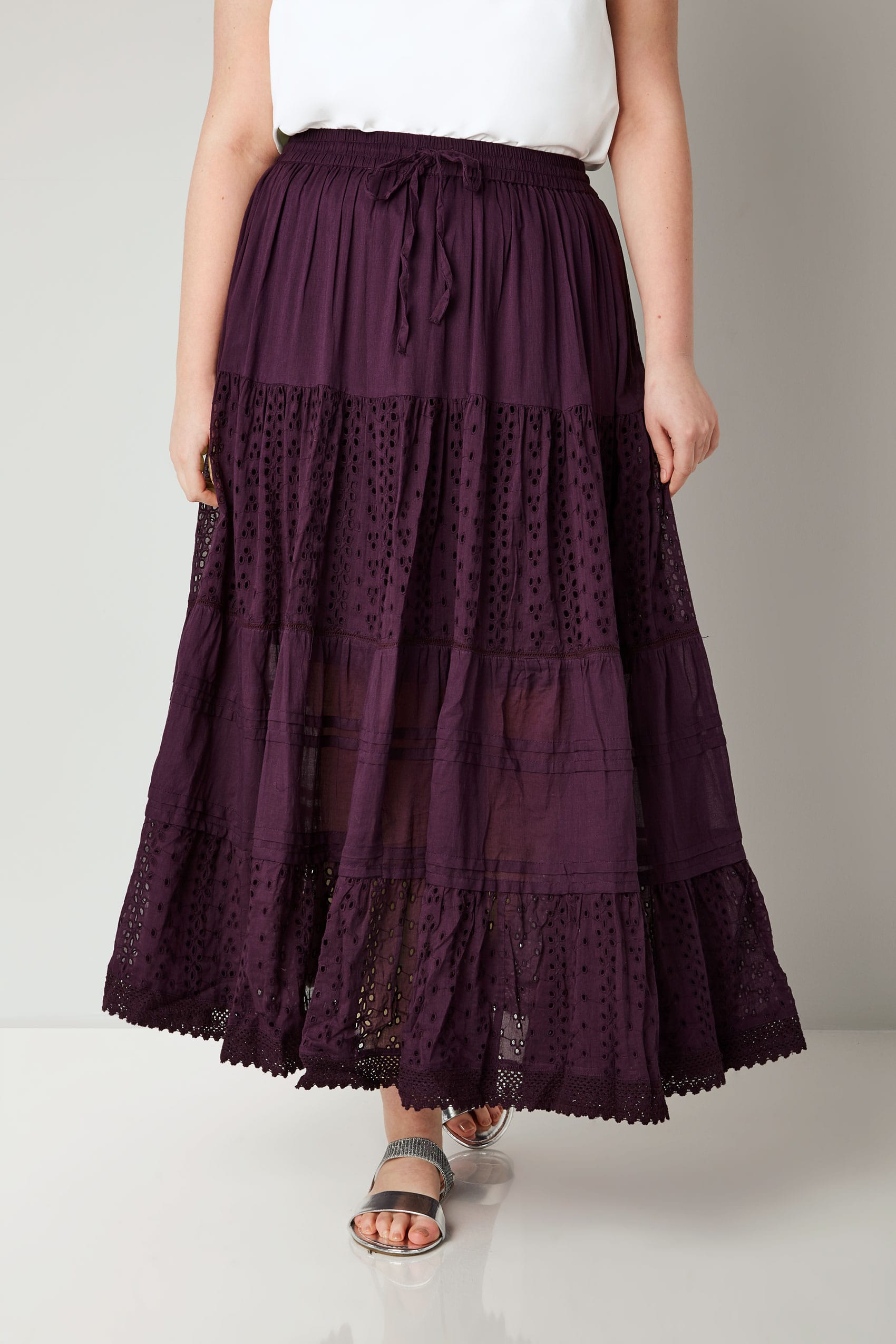 Purple Tiered Broderie Maxi Skirt, plus size 16 to 36