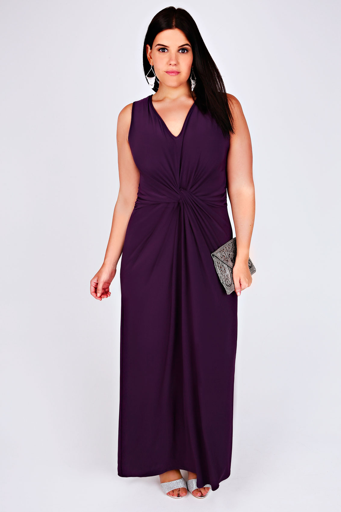 Purple V-Neck Maxi Dress With Twisted Knot Front Detail Plus Size 16 to 32