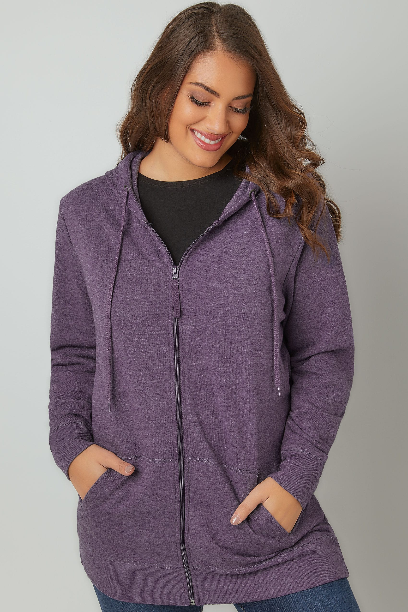 Purple Zip Through Hoodie With Pockets, Plus size 16 to 36