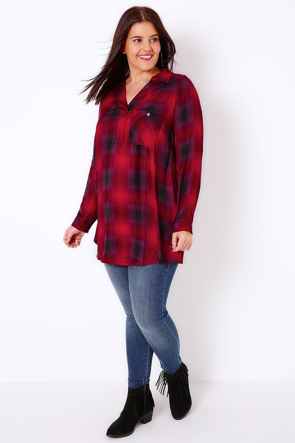 Red And Purple Oversized Checked Shirt With V-Neck Plus Size 16 to 36