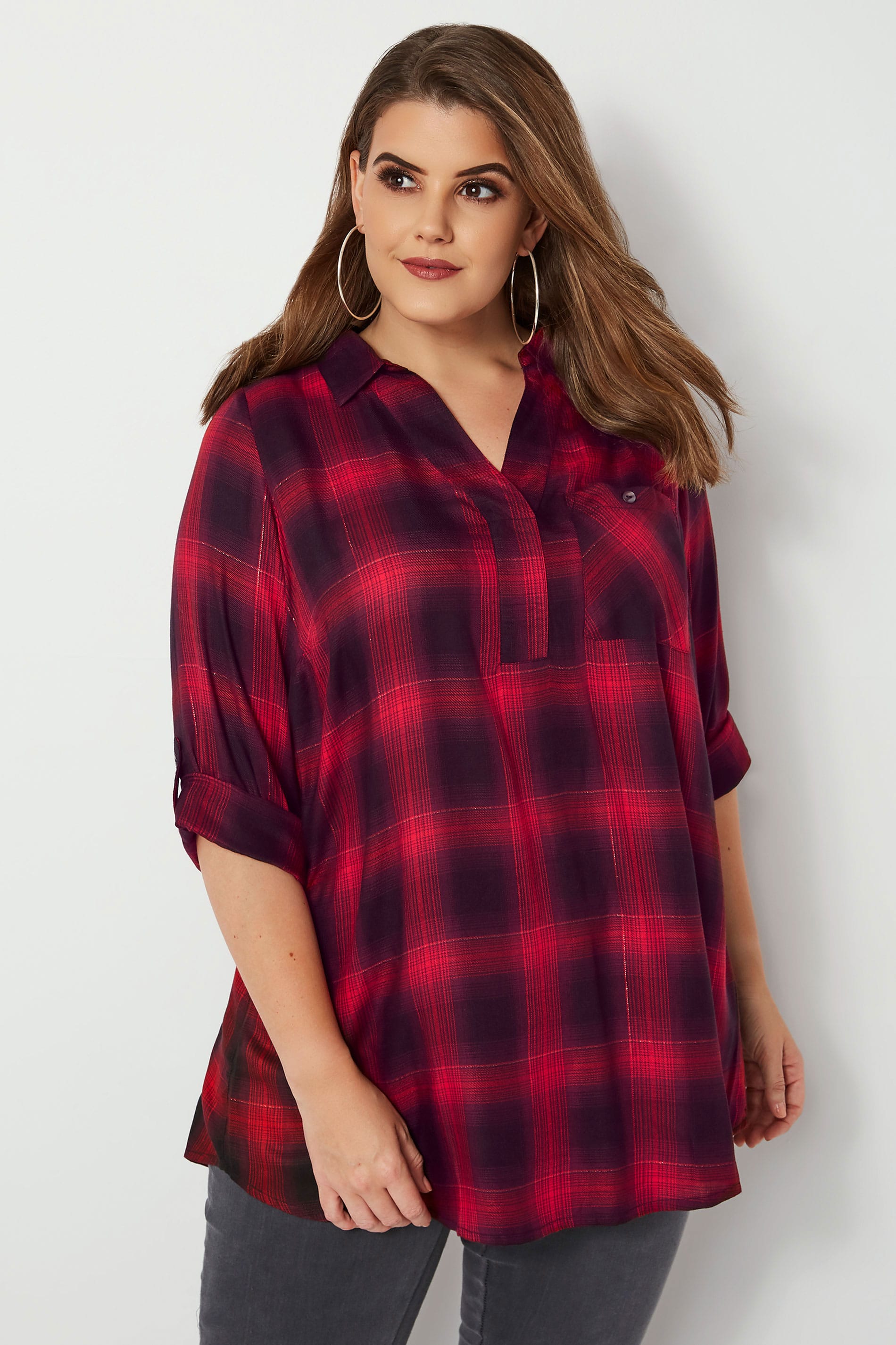 Red & Black Oversized Checked Shirt With V-Neck & Metallic Thread, plus ...
