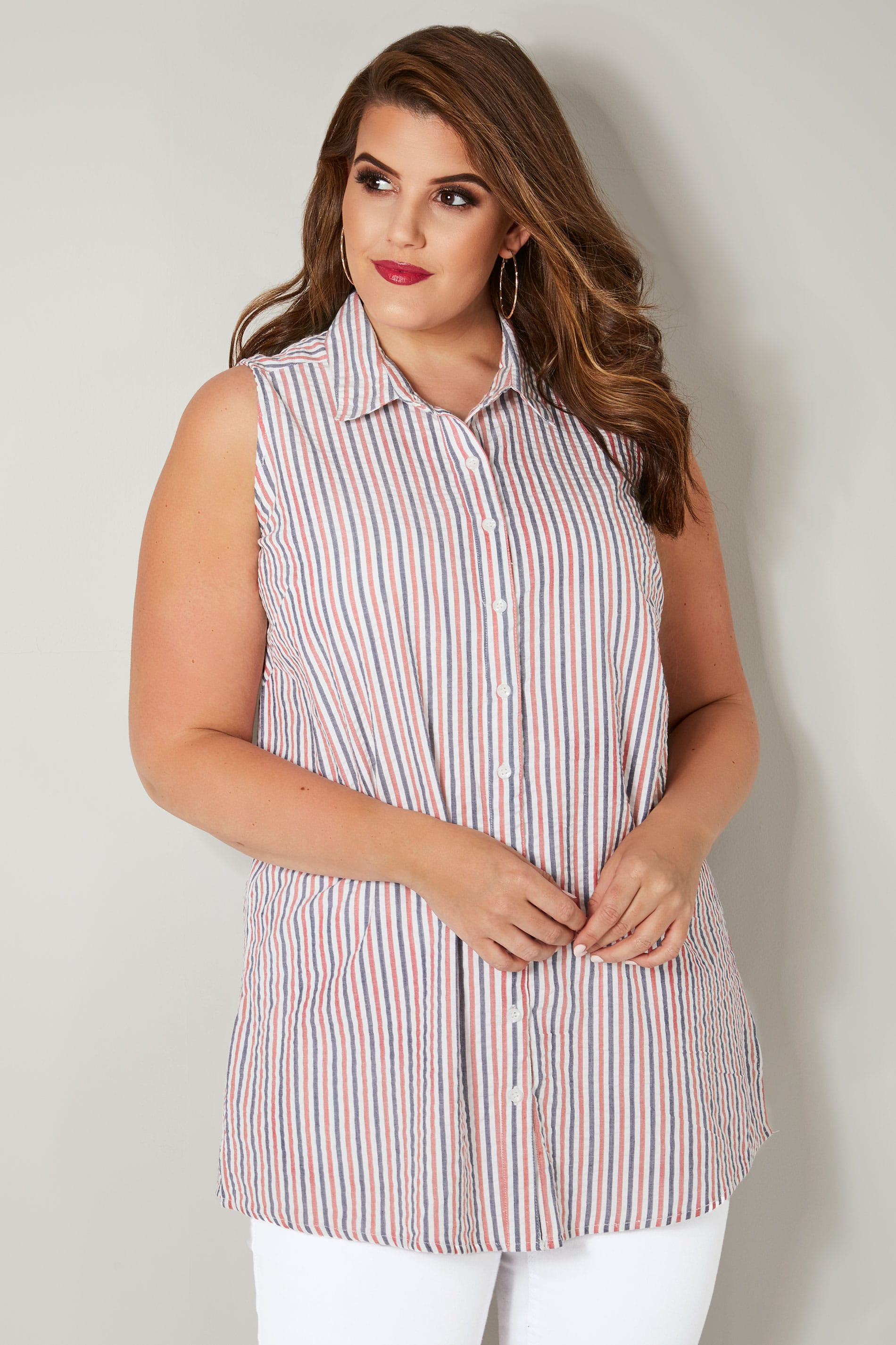 Red & Blue Striped Sleeveless Shirt, plus size 16 to 32