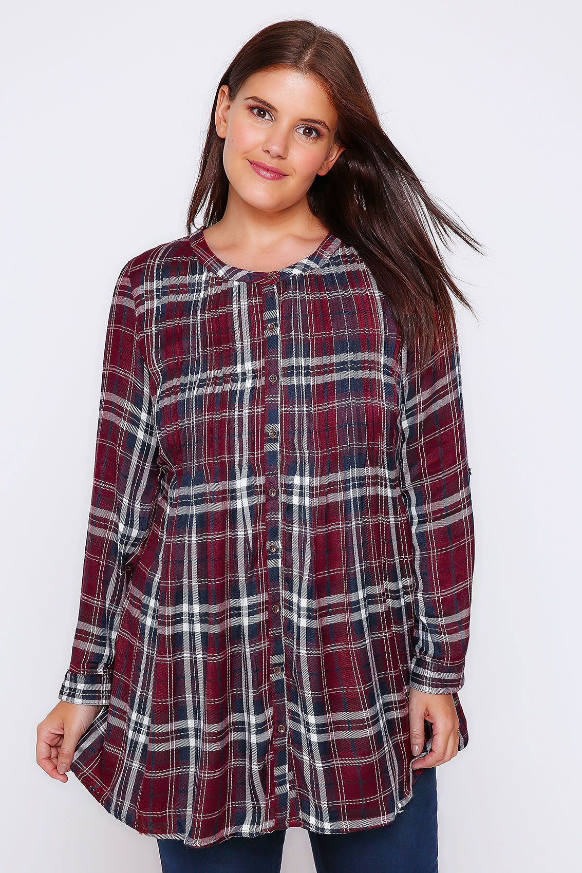 Burgundy Checked Longline Collarless Shirt With Pintuck D Plus Size 16 ...