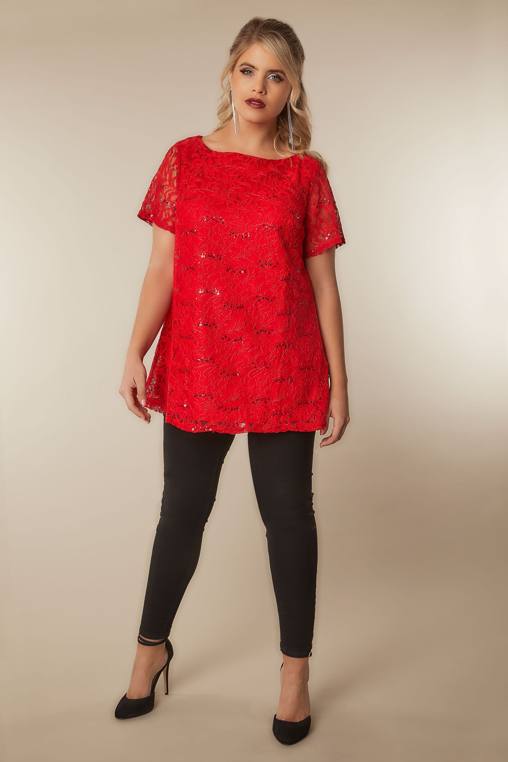 Red Lace Shell Top With Sequin Details, Plus size 16 to 36