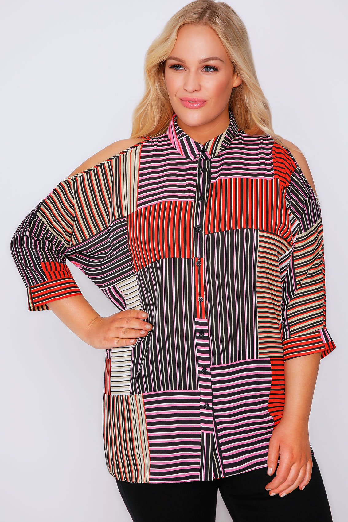 Red, Pink & Black Mixed Stripe Cold Shoulder Shirt Plus Size 16 to 36