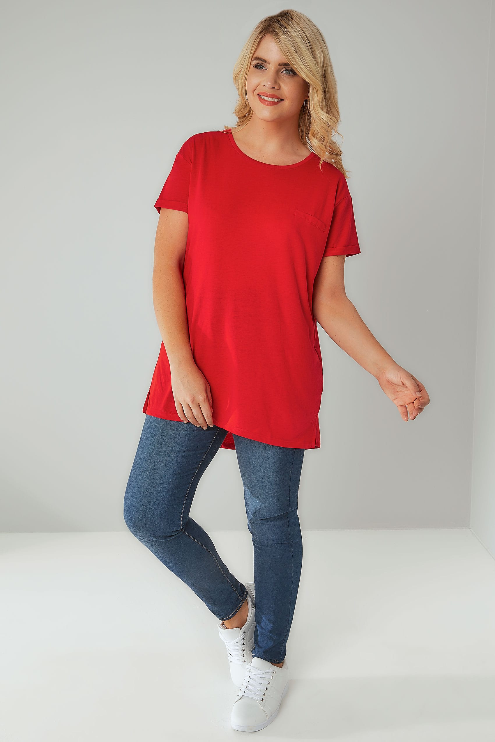 Red Pocket T Shirt With Curved Hem Plus Size 16 To 36