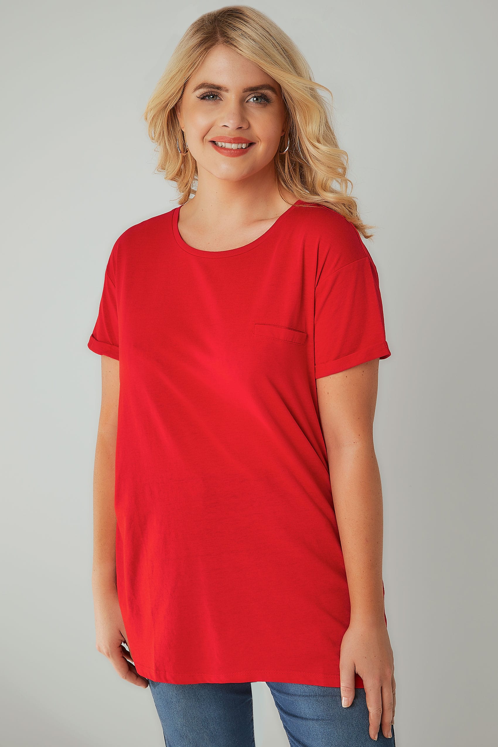 Coral Pocket T-Shirt With Curved Hem, Plus size 16 to 36