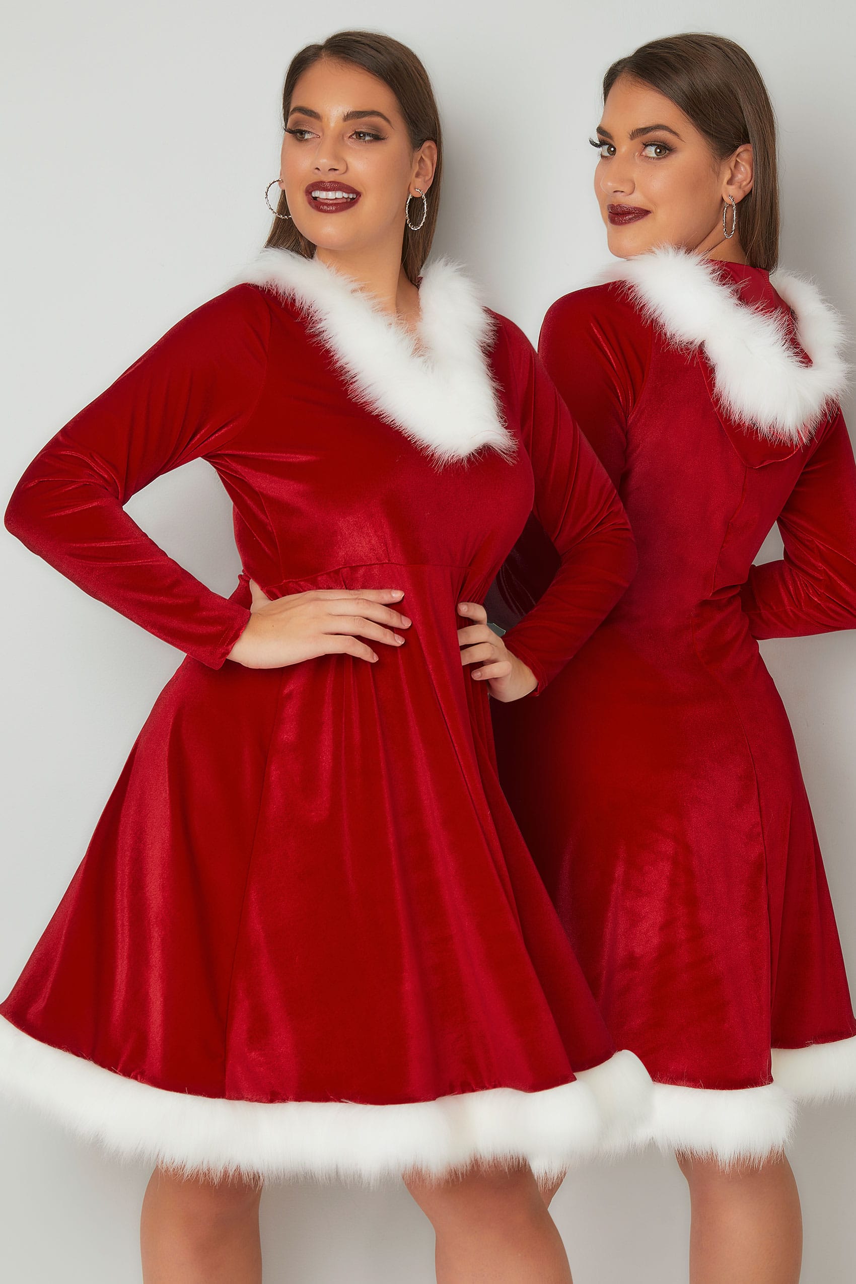 Red Santa Skater Dress With Faux Fur Trims, Plus size 16 to 32