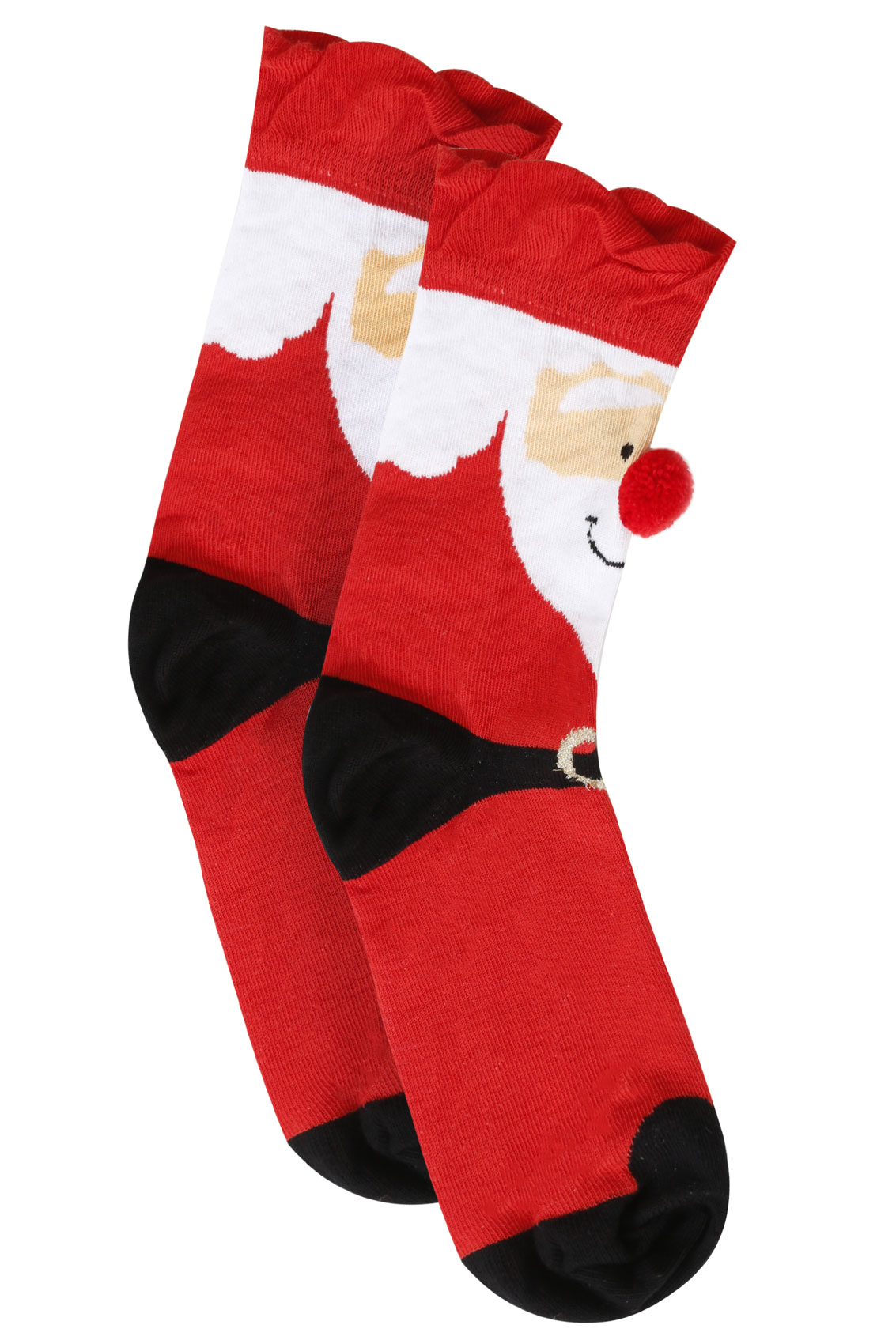 Red Santa Socks With Pom Pom Nose, Size 4-7,8-11