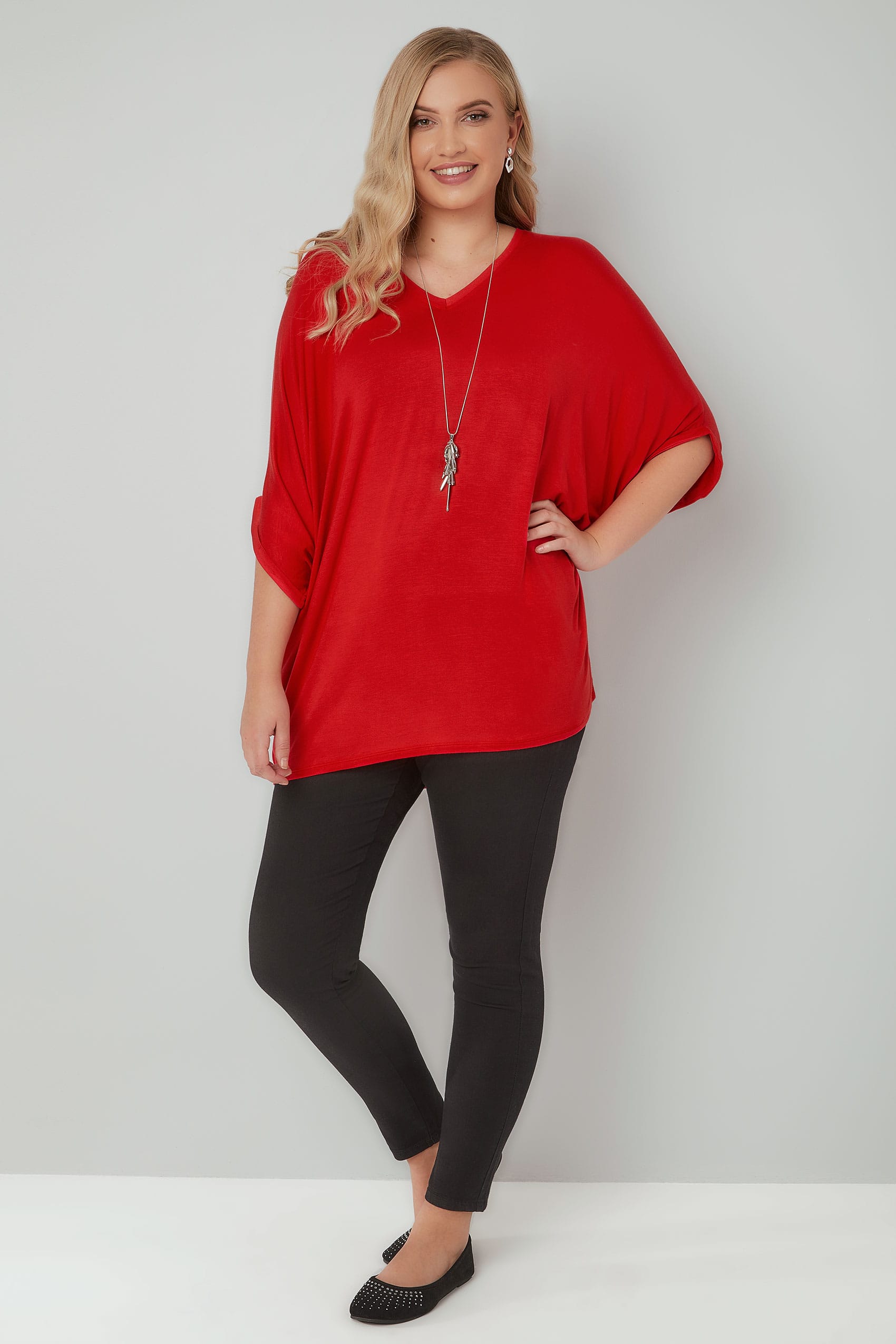 Red V-Neck Oversized Cape Style Jersey Top plus size 16 to 36