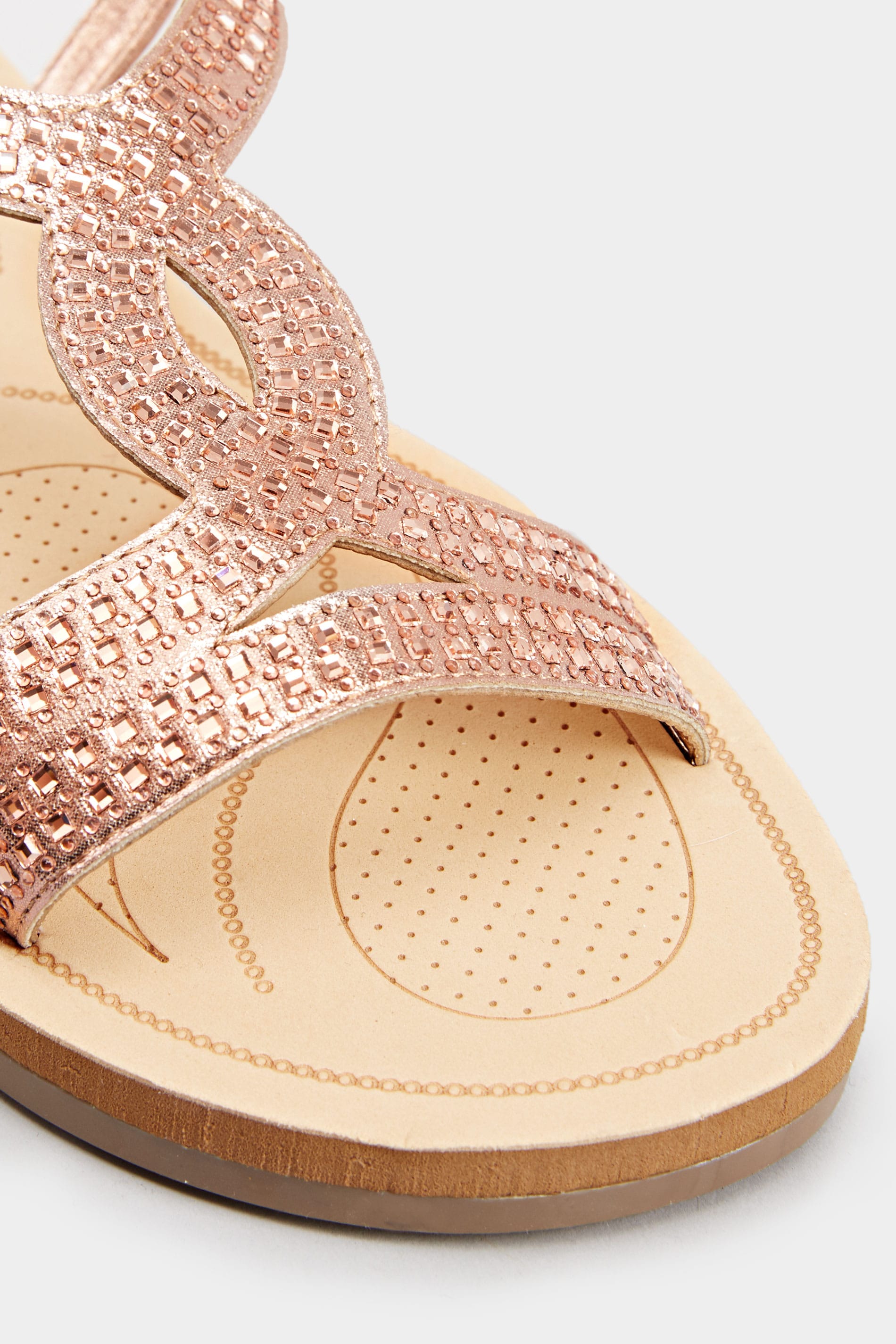 Wide Fitting Rose Gold Diamante Flower Sandals | Sizes 