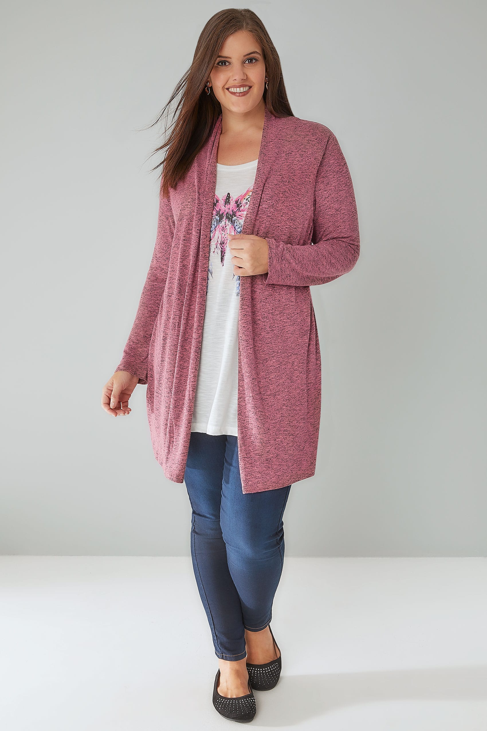Rose Pink & Multi 2 In 1 Fine Knit Cardigan & Butterfly Print Top, Plus ...
