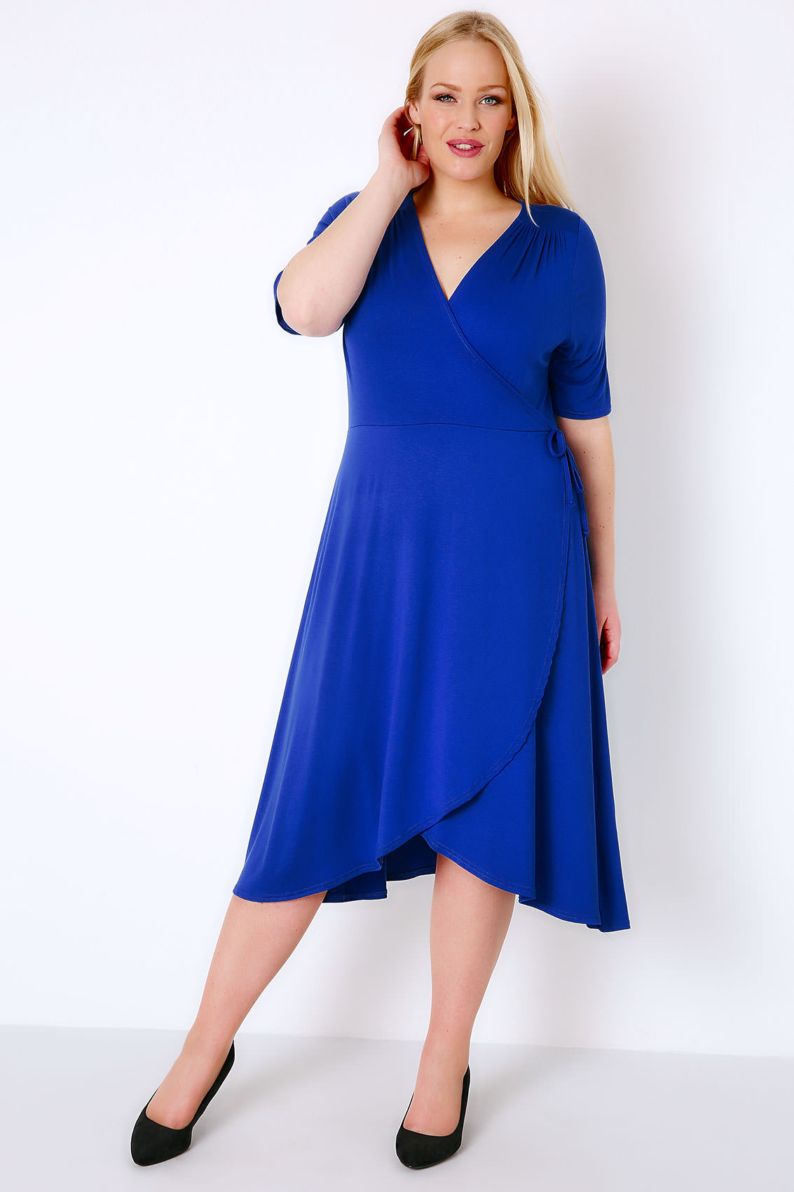 Royal Blue Wrap Dress With Short Sleeves, Plus size 16 to 32