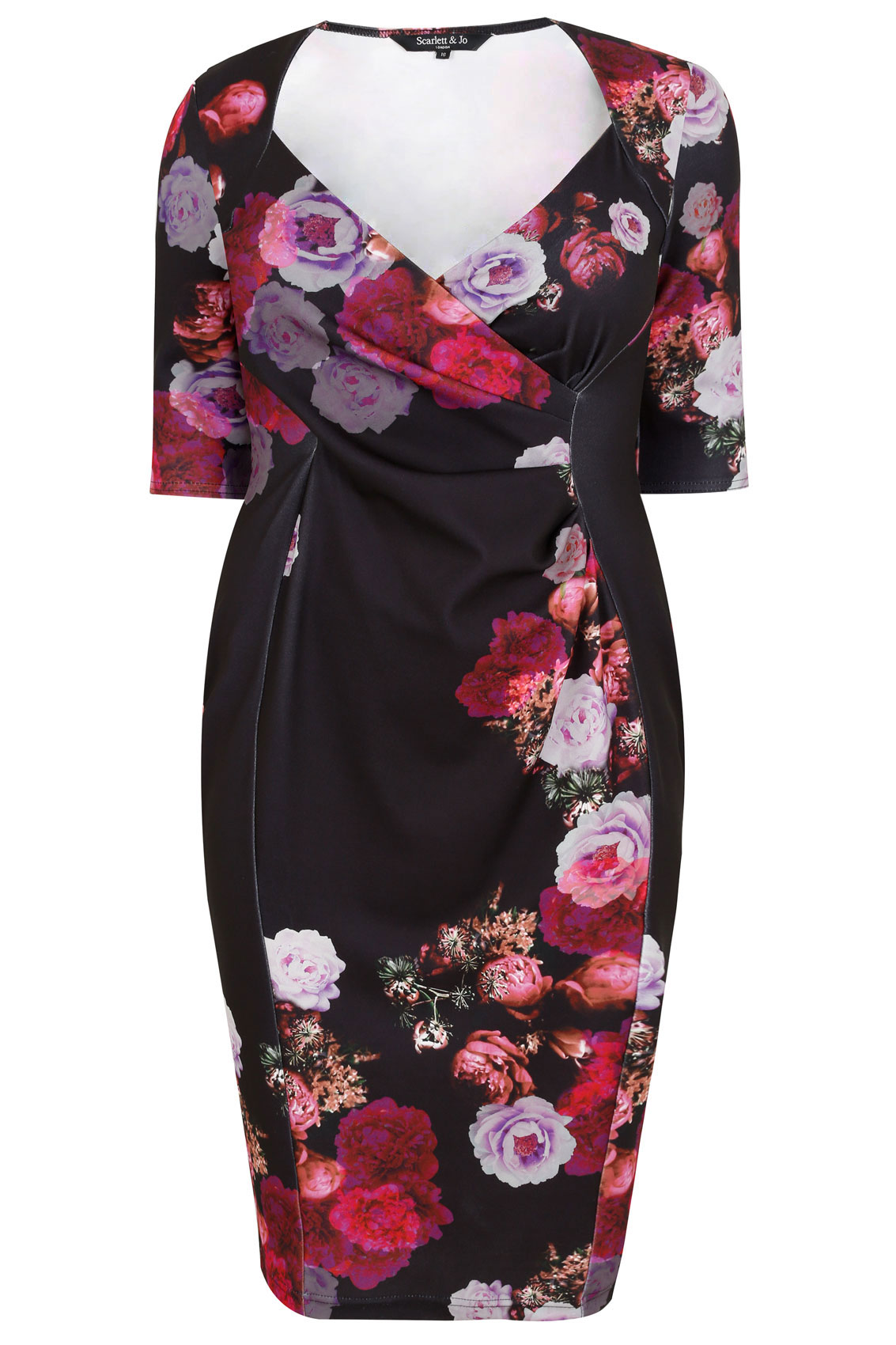 SCARLETT & JO Black & Multi Floral Print Wrap Bodycon Dress, Plus size ...