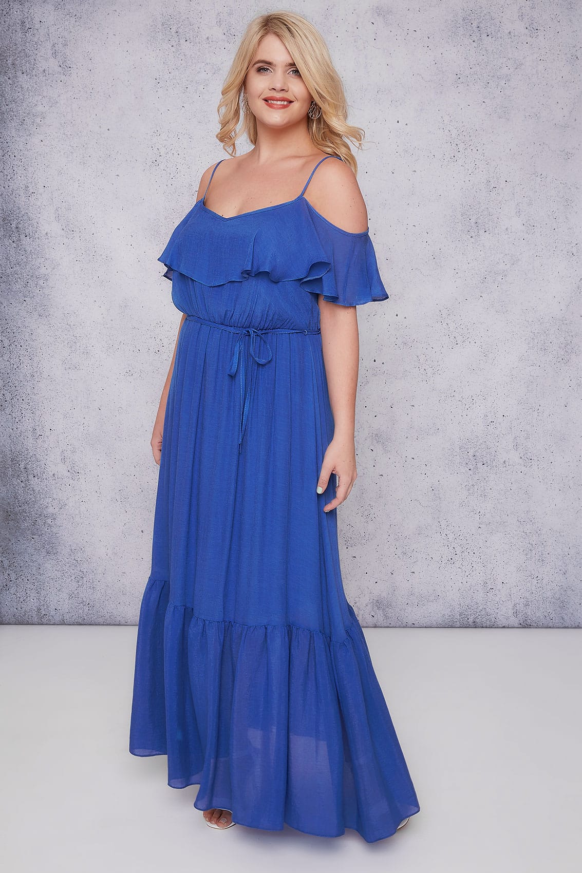 SCARLETT & JO Blue Cold Shoulder Frill Maxi Dress, Plus size 16 to 32
