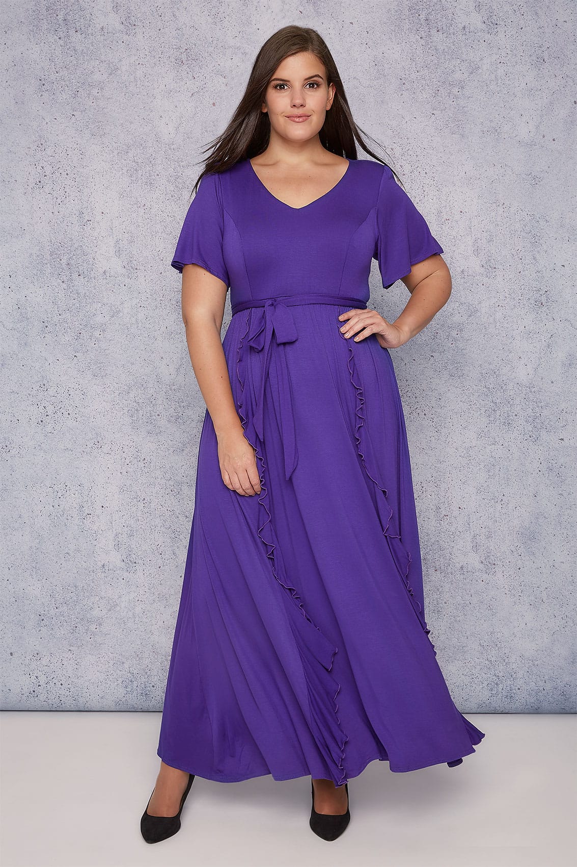 SCARLETT & JO Purple Maxi Dress With Frill Detail, Plus size 16 to 32