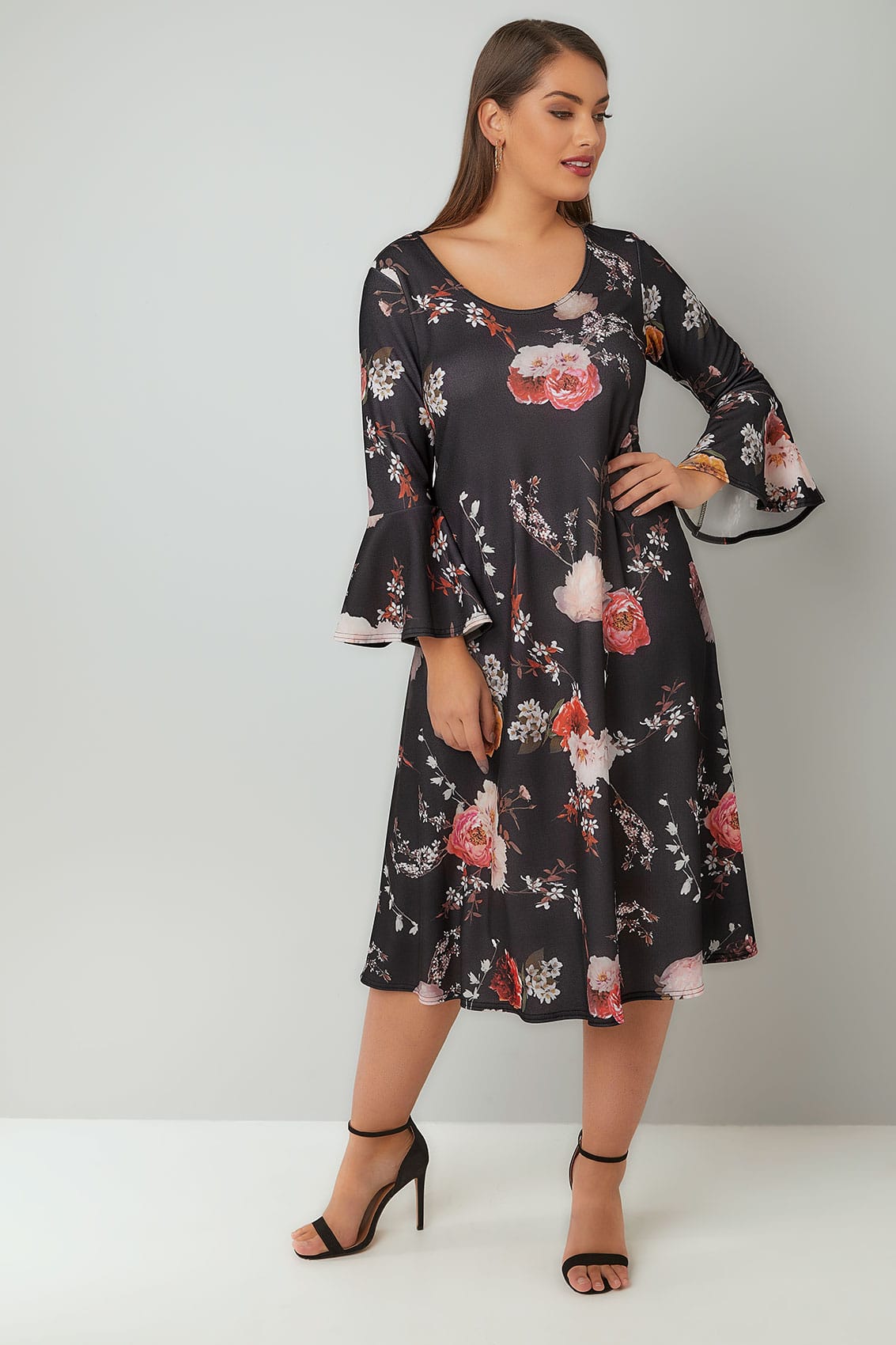 SIENNA COUTURE Black & Multi Dark Floral Swing Dress With Flute Sleeves ...