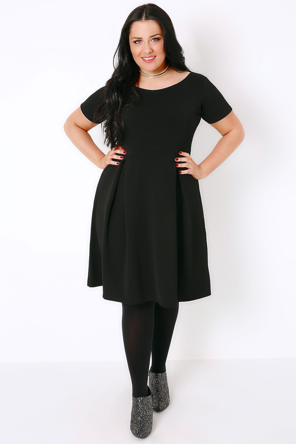 SIENNA COUTURE Black Sleeved Skater Dress, Plus Size 16 to 28