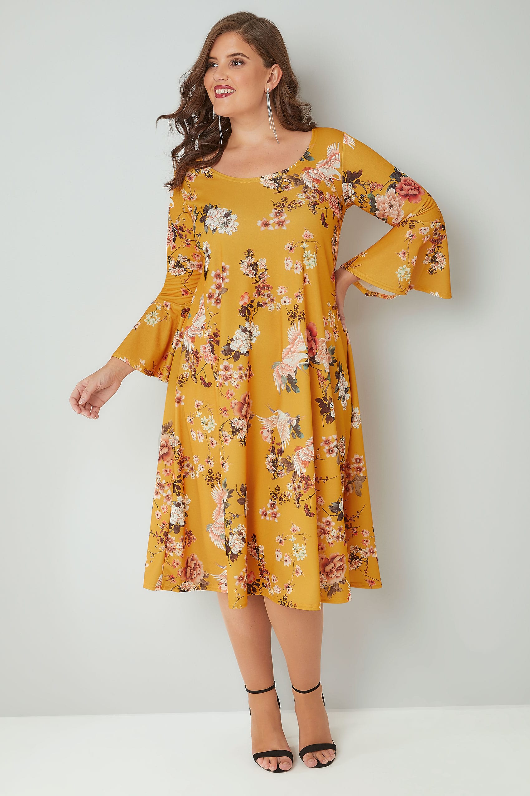 SIENNA COUTURE Dark Yellow Floral Print Swing Dress With Flute Sleeves ...