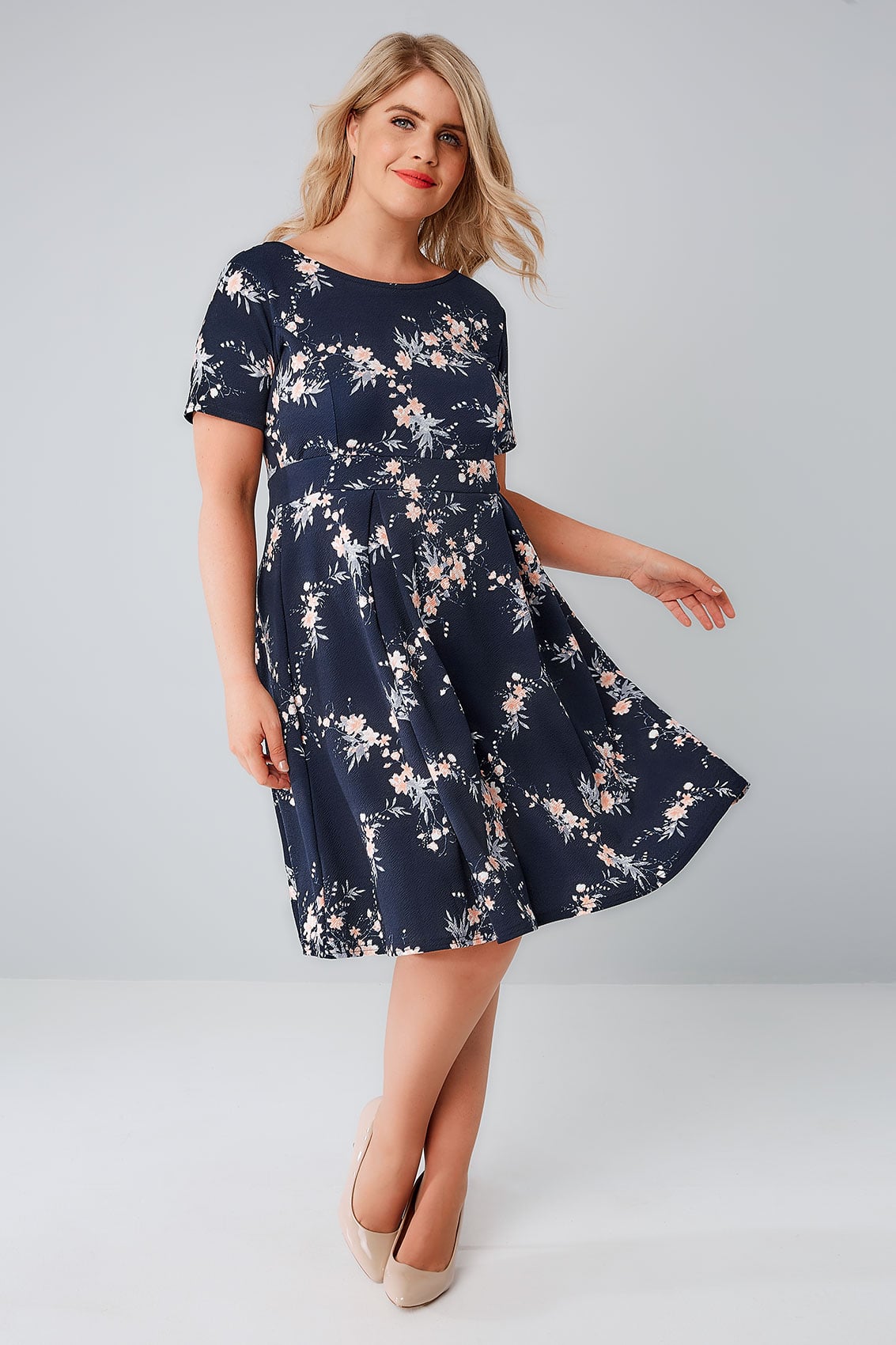SIENNA COUTURE Navy & Multi Floral Sleeved Skater Dress, Plus size 16 to 26