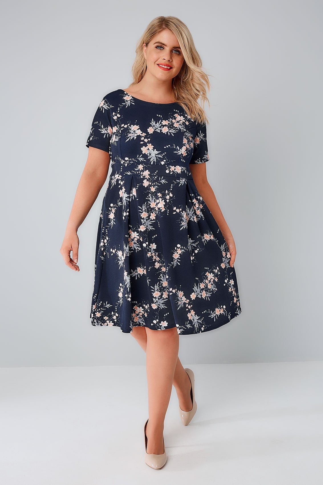 SIENNA COUTURE Navy & Multi Floral Sleeved Skater Dress, Plus size 16 to 26