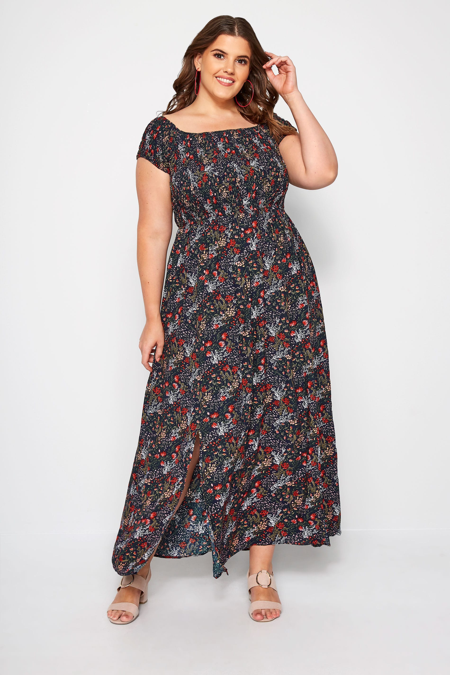 Navy Floral Shirred Maxi Dress | Sizes 16-40 | Yours Clothing