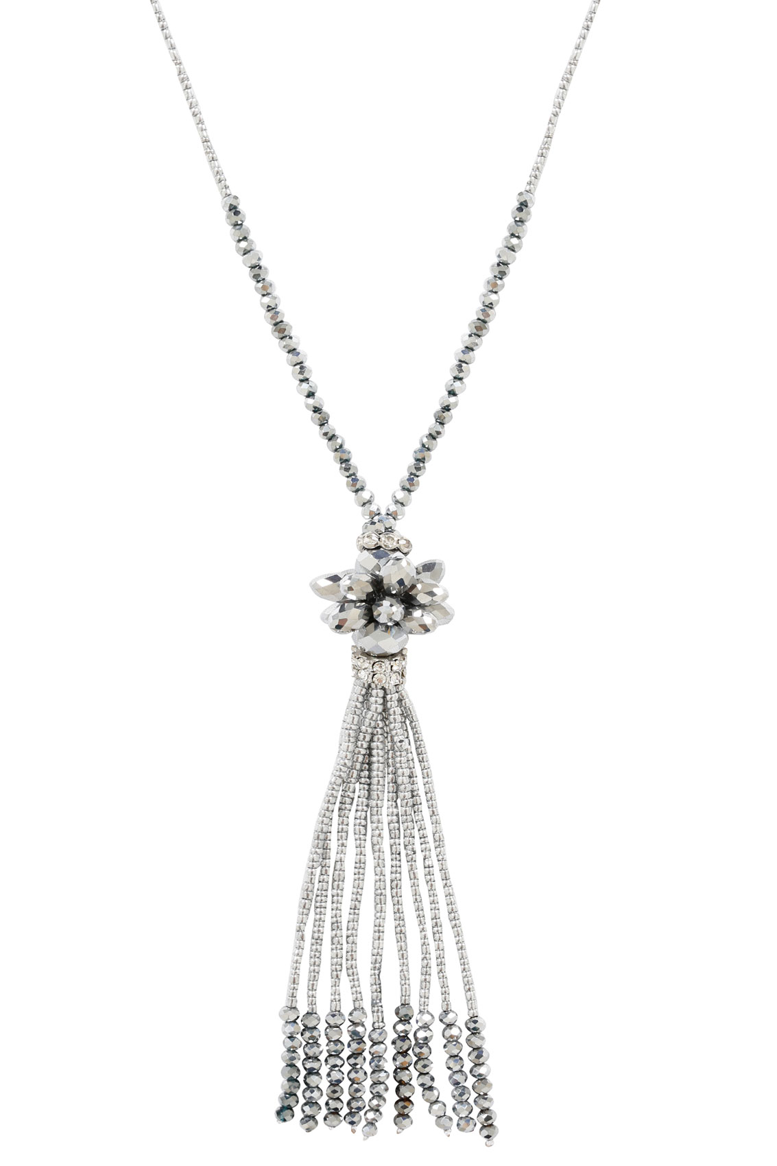 Silver Long Necklace With Cluster Tassel Pendant