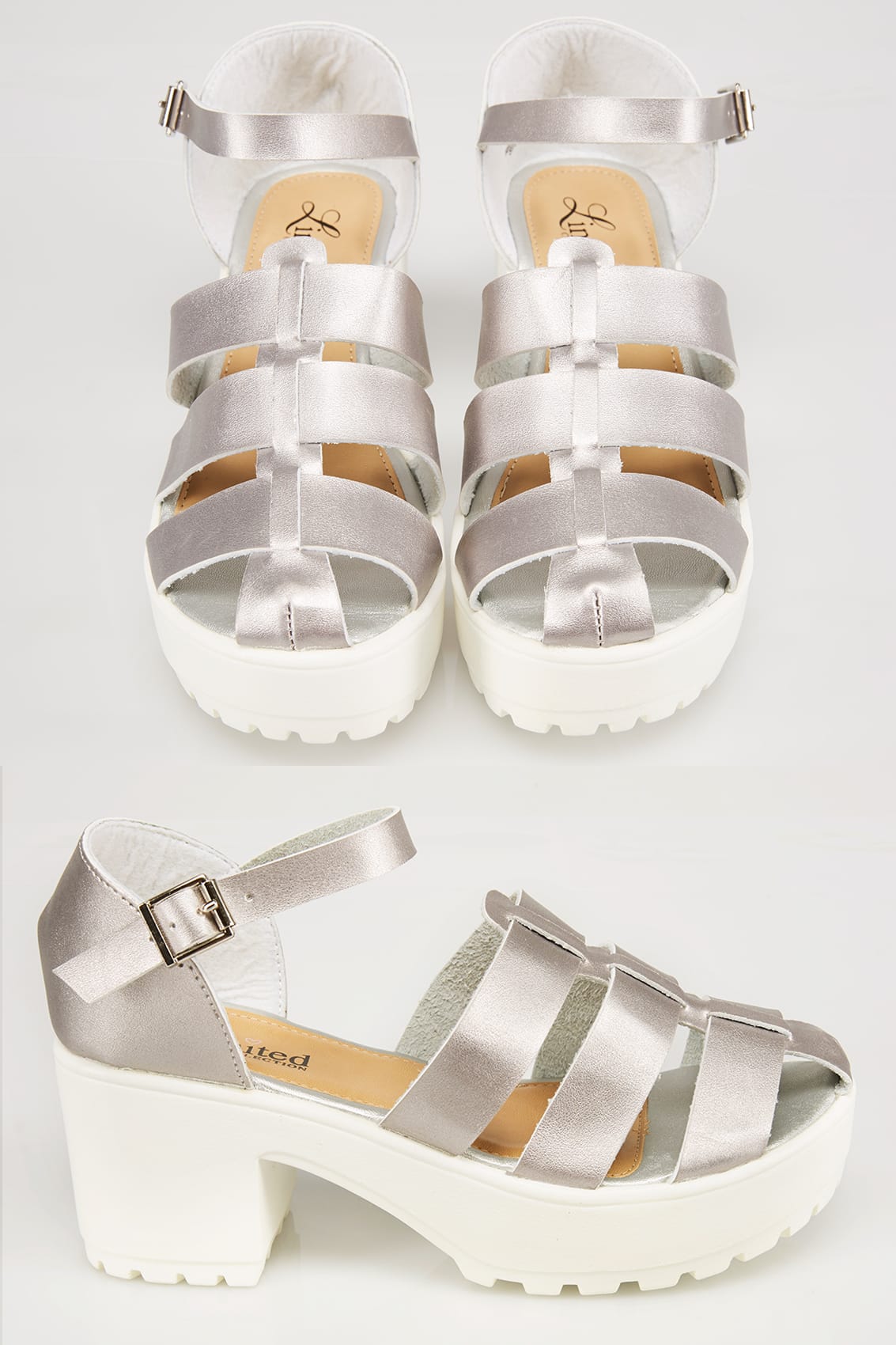 Silver & White Platform Gladiator Sandals In E Fit size 4,5,6,7,8,9