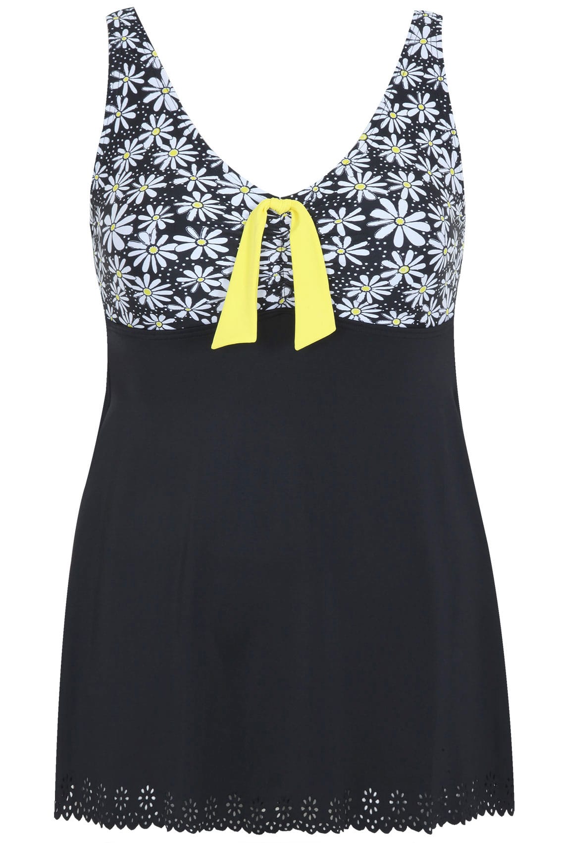 Black Daisy Print Cut Out Detail Swimdress With TUMMY CONTROL Plus Size ...